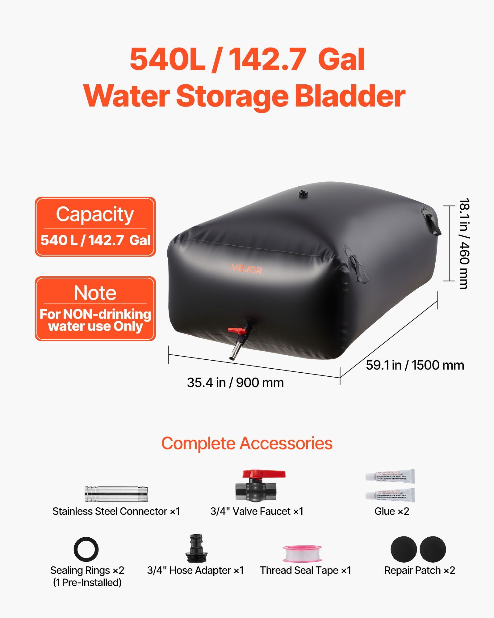 Water Storage Bladder 540L Large Capacity Water Bag, Portable & Collapsible Soft Waters Container, Leakproof & Tear-Resistant PVC Emergency Waters Storage Tank for RV Truck & Outdoor Use - Image 2