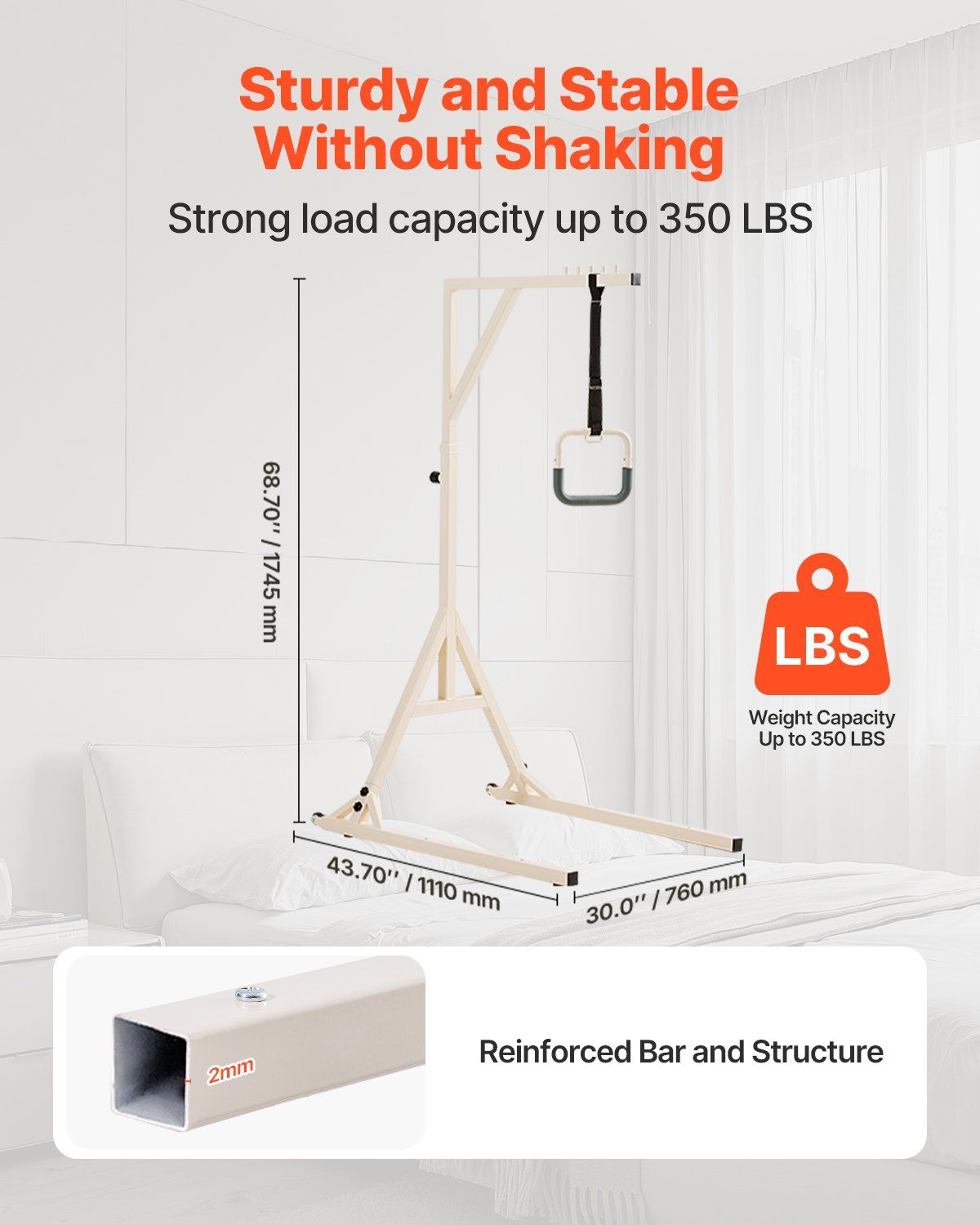 Trapeze Bar for Bed Mobility, Height-Adjustable Bed Trapeze with 2 Casters, 350LBS Weight Capacity Heavy Duty Pull Up Assist Bar with Floor Stand for Elderly, Disabled, Bedridden Patients - Image 2