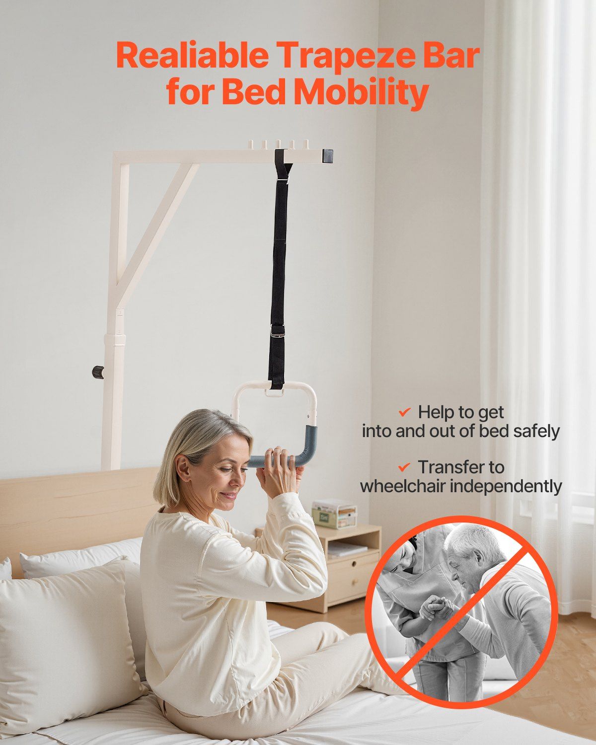 Trapeze Bar for Bed Mobility, Height-Adjustable Bed Trapeze with 2 Casters, 350LBS Weight Capacity Heavy Duty Pull Up Assist Bar with Floor Stand for Elderly, Disabled, Bedridden Patients - Image 3