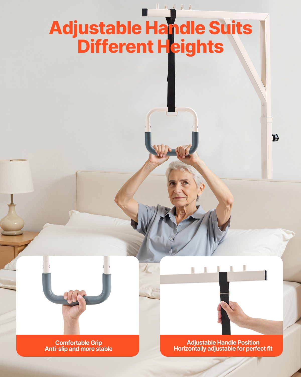 Trapeze Bar for Bed Mobility, Height-Adjustable Bed Trapeze with 2 Casters, 350LBS Weight Capacity Heavy Duty Pull Up Assist Bar with Floor Stand for Elderly, Disabled, Bedridden Patients - Image 4