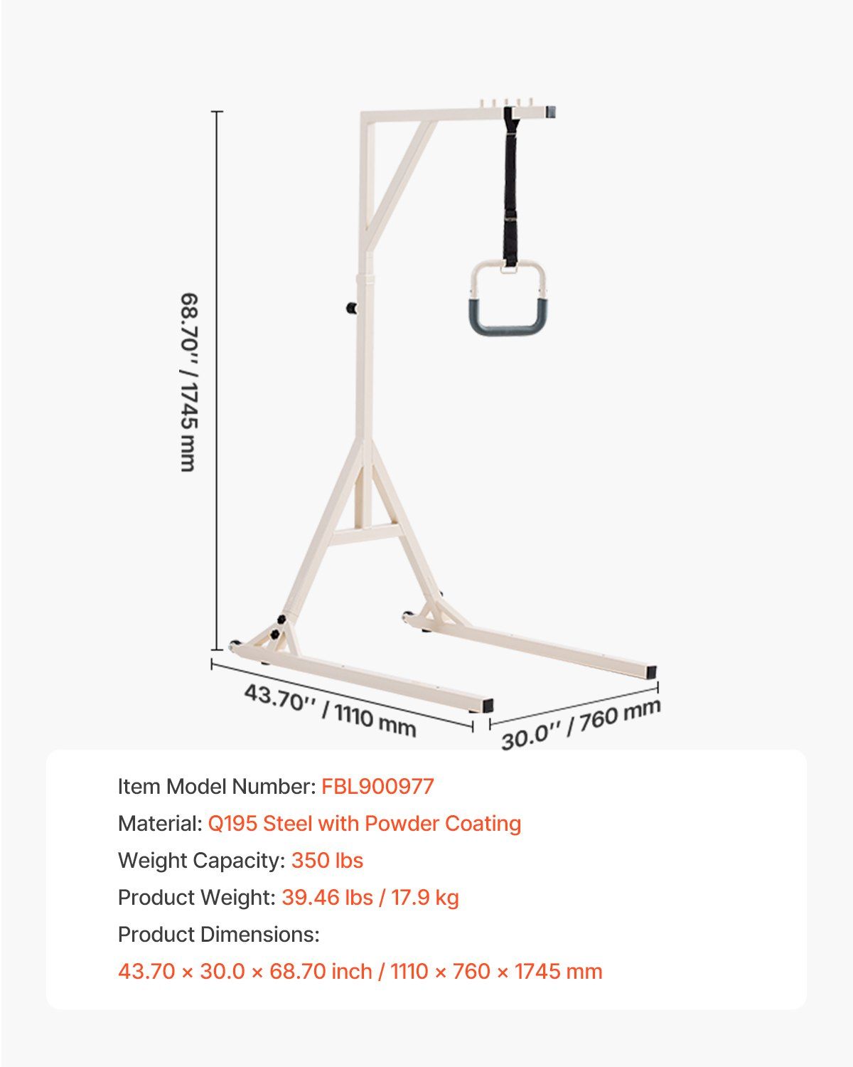 Trapeze Bar for Bed Mobility, Height-Adjustable Bed Trapeze with 2 Casters, 350LBS Weight Capacity Heavy Duty Pull Up Assist Bar with Floor Stand for Elderly, Disabled, Bedridden Patients - Image 7
