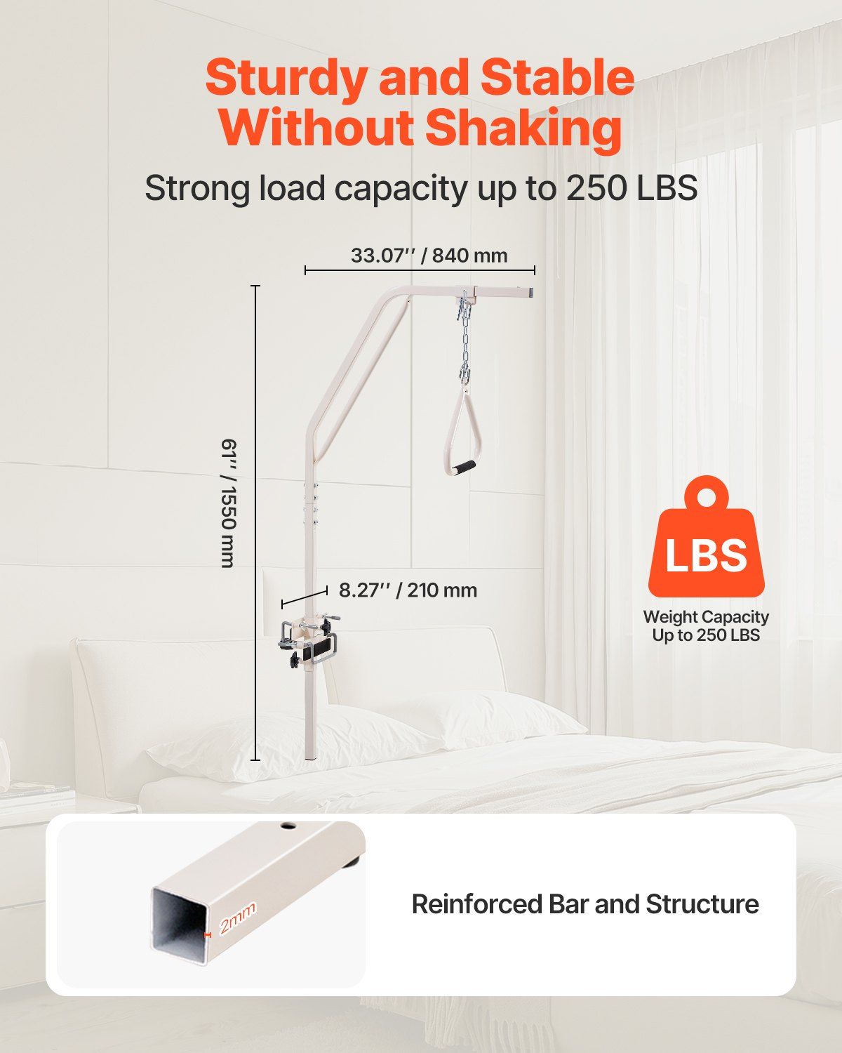 Trapeze Bar for Bed Mobility, Medical Bed Trapeze with Clamps & Metal Chain, 250LBS Weight Capacity Pull Up Assist Bar for Elderly & Disabled, Ideal for Home Care, Hospitals, Nursing Homes - Image 2