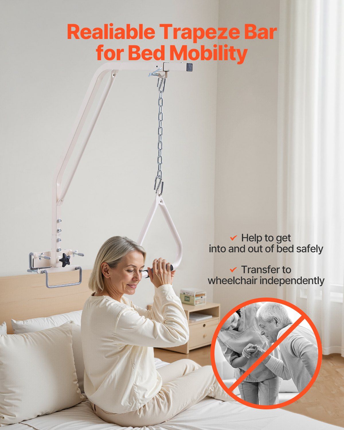 Trapeze Bar for Bed Mobility, Medical Bed Trapeze with Clamps & Metal Chain, 250LBS Weight Capacity Pull Up Assist Bar for Elderly & Disabled, Ideal for Home Care, Hospitals, Nursing Homes - Image 3