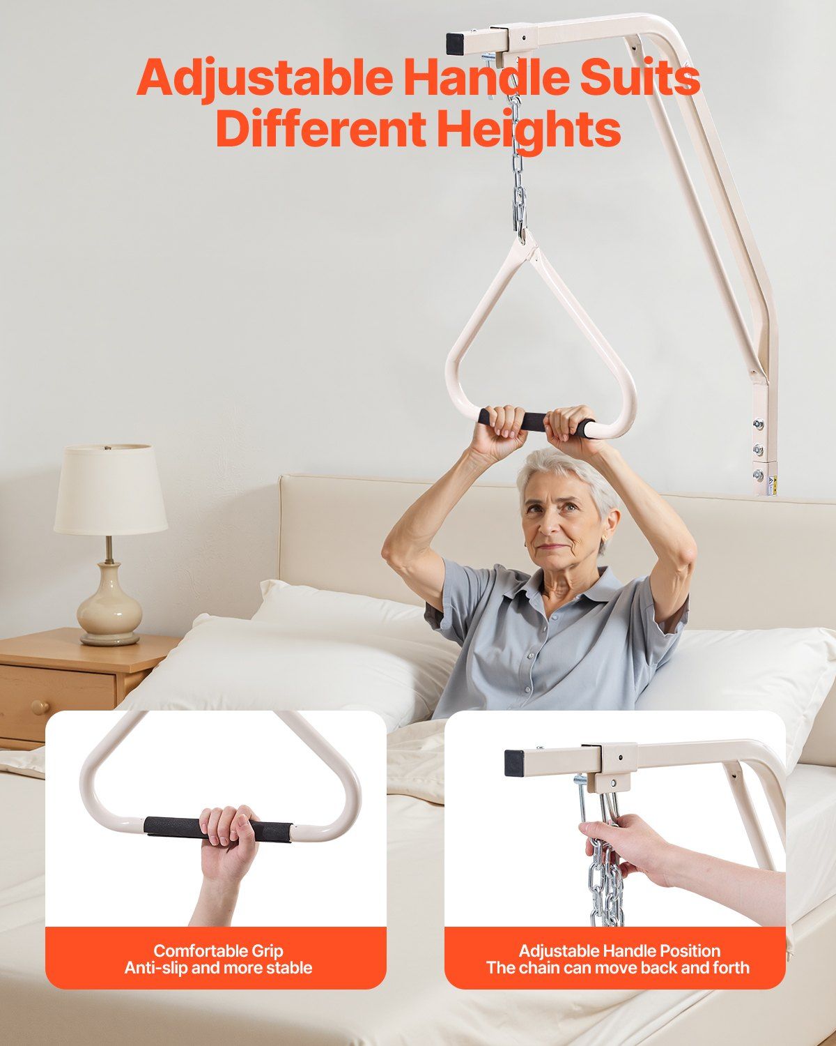 Trapeze Bar for Bed Mobility, Medical Bed Trapeze with Clamps & Metal Chain, 250LBS Weight Capacity Pull Up Assist Bar for Elderly & Disabled, Ideal for Home Care, Hospitals, Nursing Homes - Image 4