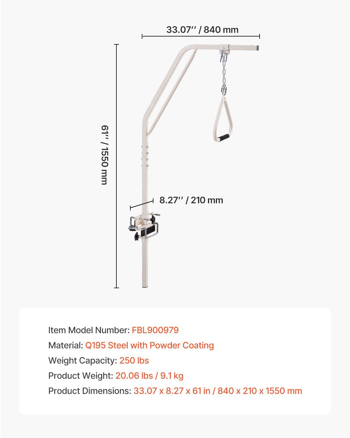 Trapeze Bar for Bed Mobility, Medical Bed Trapeze with Clamps & Metal Chain, 250LBS Weight Capacity Pull Up Assist Bar for Elderly & Disabled, Ideal for Home Care, Hospitals, Nursing Homes - Image 7