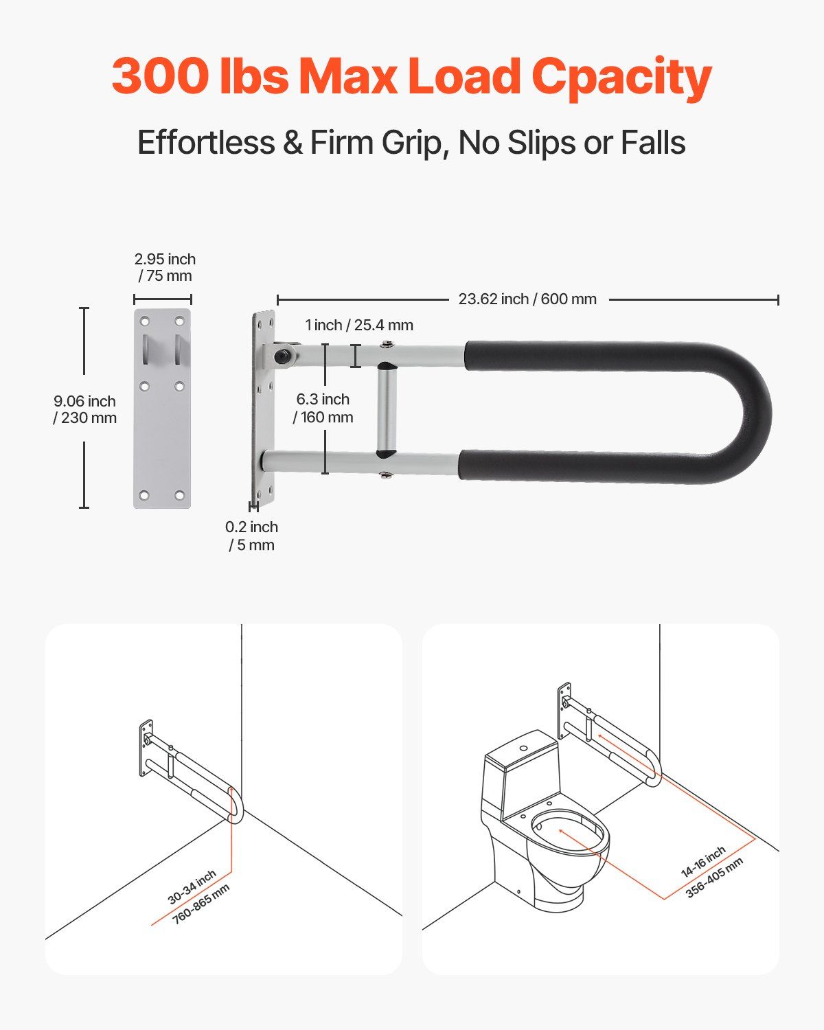 Toilet Safety Rail, 60.5 cm U-Shaped Handicap Grab Bar, Foldable Senior Safety Pole, Flip Up Toilet Grab Bars with Anti-Slip Support Handle, 136 kg Load Capacity for Elderly, Disabled, Pregnant - Image 2