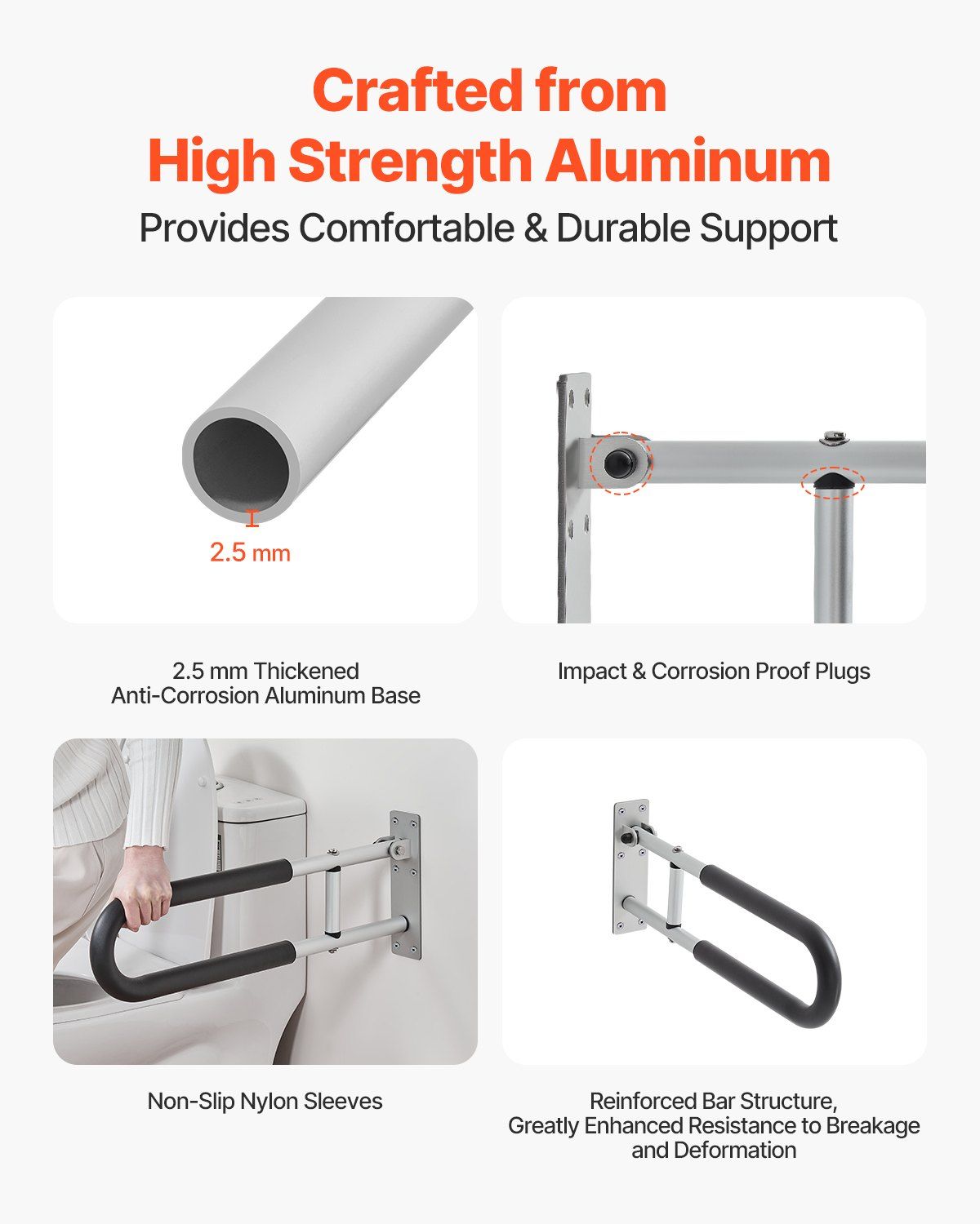 Toilet Safety Rail, 60.5 cm U-Shaped Handicap Grab Bar, Foldable Senior Safety Pole, Flip Up Toilet Grab Bars with Anti-Slip Support Handle, 136 kg Load Capacity for Elderly, Disabled, Pregnant - Image 3