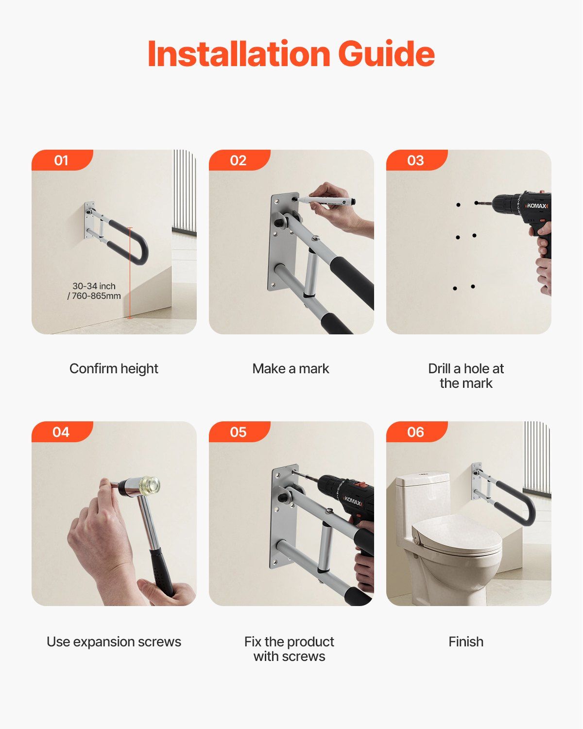 Toilet Safety Rail, 60.5 cm U-Shaped Handicap Grab Bar, Foldable Senior Safety Pole, Flip Up Toilet Grab Bars with Anti-Slip Support Handle, 136 kg Load Capacity for Elderly, Disabled, Pregnant - Image 4