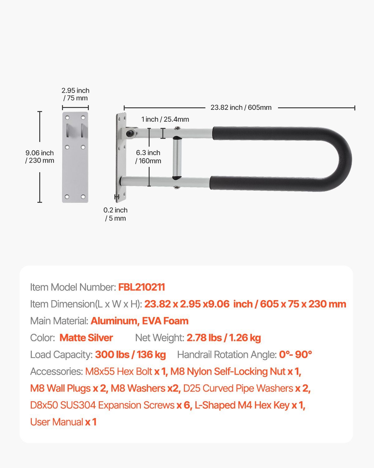 Toilet Safety Rail, 60.5 cm U-Shaped Handicap Grab Bar, Foldable Senior Safety Pole, Flip Up Toilet Grab Bars with Anti-Slip Support Handle, 136 kg Load Capacity for Elderly, Disabled, Pregnant - Image 7