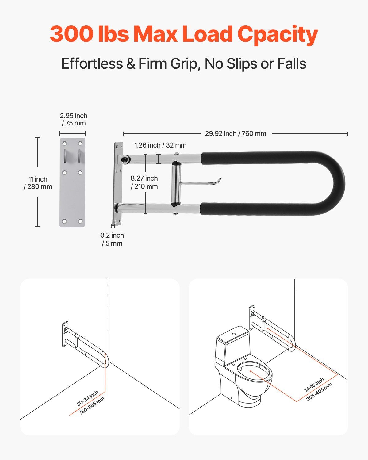 Toilet Safety Rail, 76.5 cm U-Shaped Handicap Grab Bar, Foldable Senior Safety Pole, Flip Up Toilet Grab Bars with Anti-Slip Handle, 136 kg Load Capacity Security Handrail with Paper Holder - Image 2