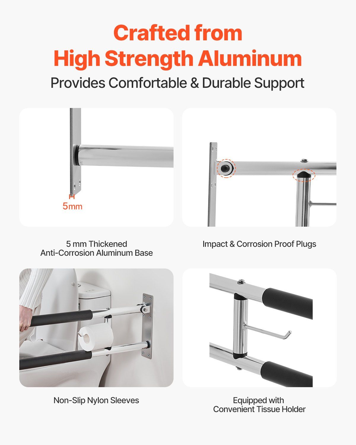 Toilet Safety Rail, 76.5 cm U-Shaped Handicap Grab Bar, Foldable Senior Safety Pole, Flip Up Toilet Grab Bars with Anti-Slip Handle, 136 kg Load Capacity Security Handrail with Paper Holder - Image 3