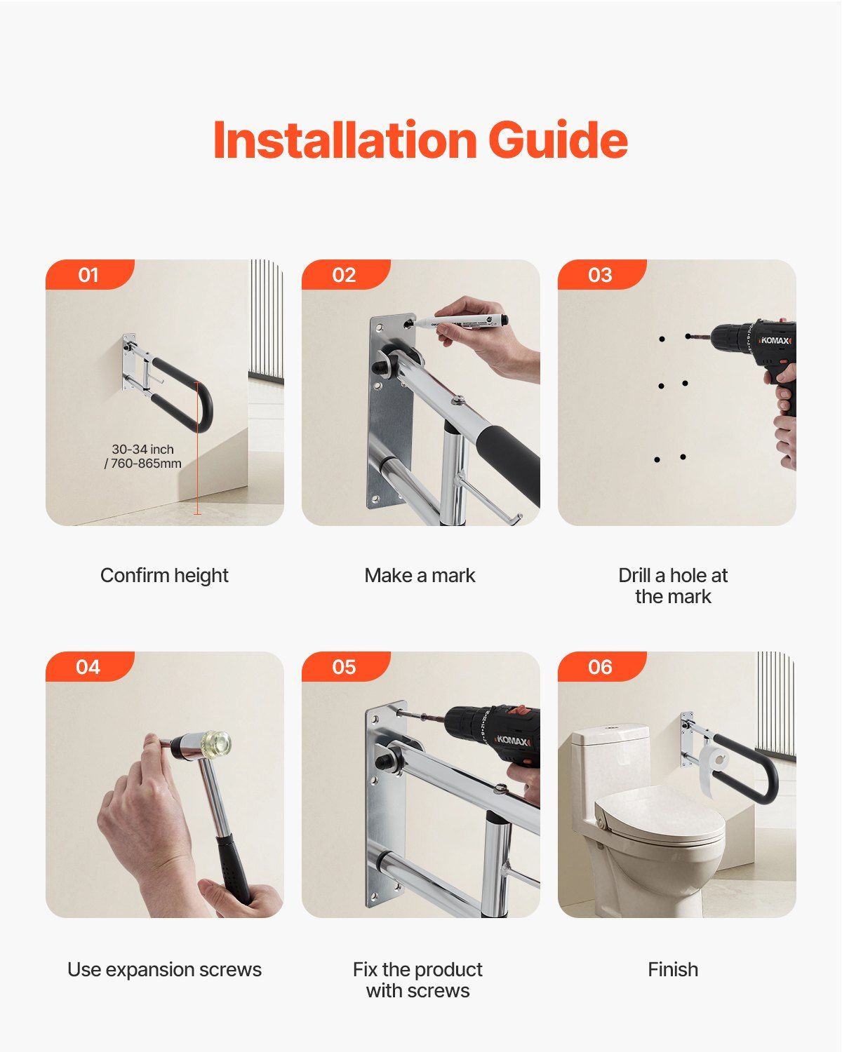 Toilet Safety Rail, 76.5 cm U-Shaped Handicap Grab Bar, Foldable Senior Safety Pole, Flip Up Toilet Grab Bars with Anti-Slip Handle, 136 kg Load Capacity Security Handrail with Paper Holder - Image 4