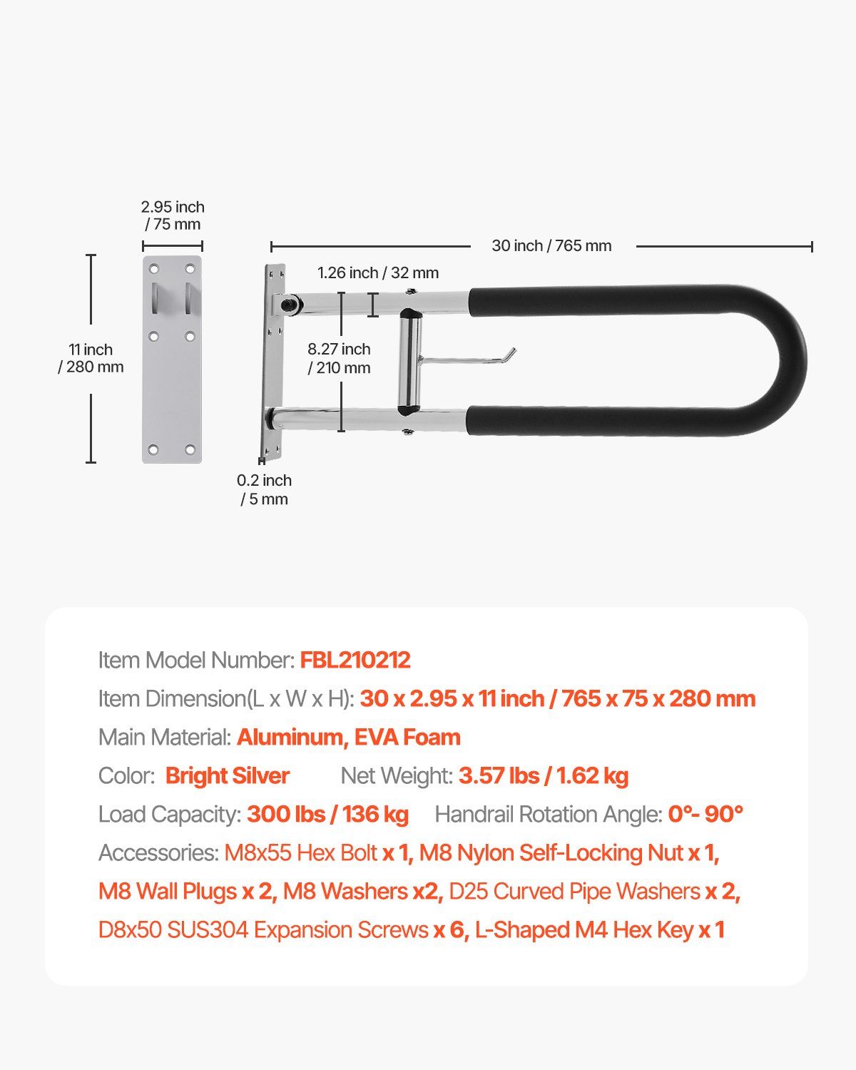 Toilet Safety Rail, 76.5 cm U-Shaped Handicap Grab Bar, Foldable Senior Safety Pole, Flip Up Toilet Grab Bars with Anti-Slip Handle, 136 kg Load Capacity Security Handrail with Paper Holder - Image 7