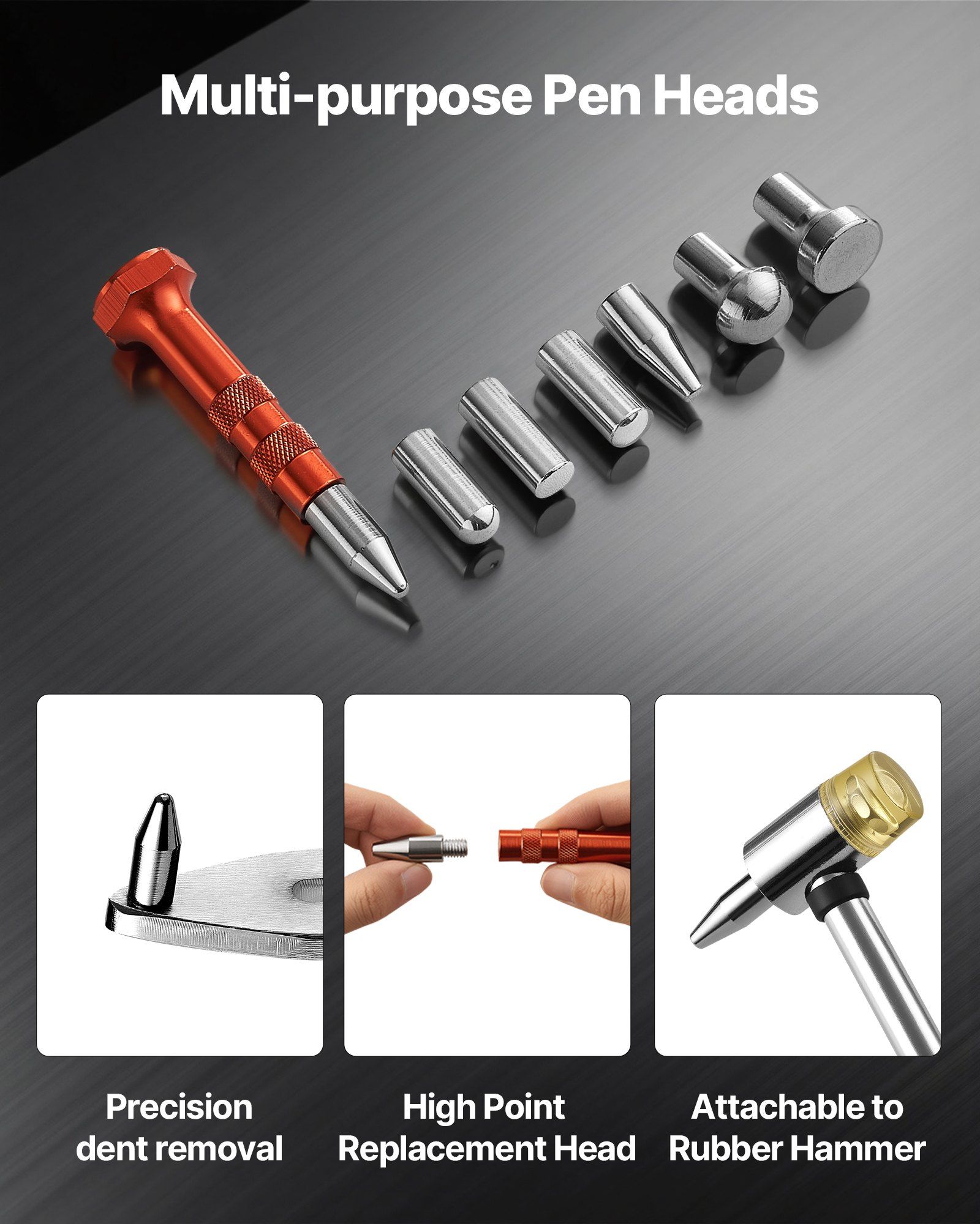 Dent Puller Kit, Paintless Car Dent Removal Tool, Auto Fender Damage Repair Puller Lifter with Curved Rod, Crowbar, Rubber Hammer, Airbag, Detachable & Repair Pens, Replacement Heads Tools Kit - Image 5