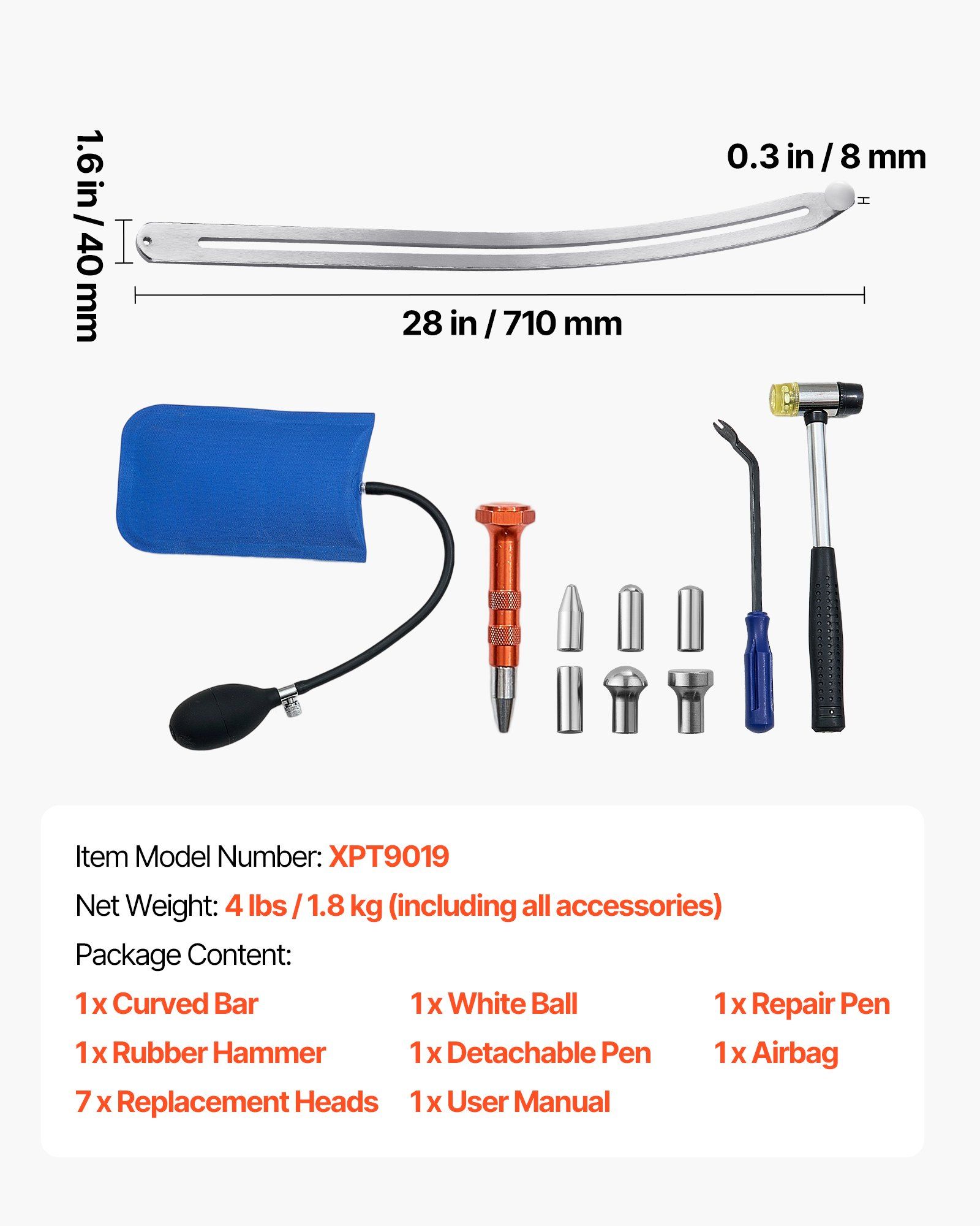 Dent Puller Kit, Paintless Car Dent Removal Tool, Auto Fender Damage Repair Puller Lifter with Curved Rod, Crowbar, Rubber Hammer, Airbag, Detachable & Repair Pens, Replacement Heads Tools Kit - Image 7
