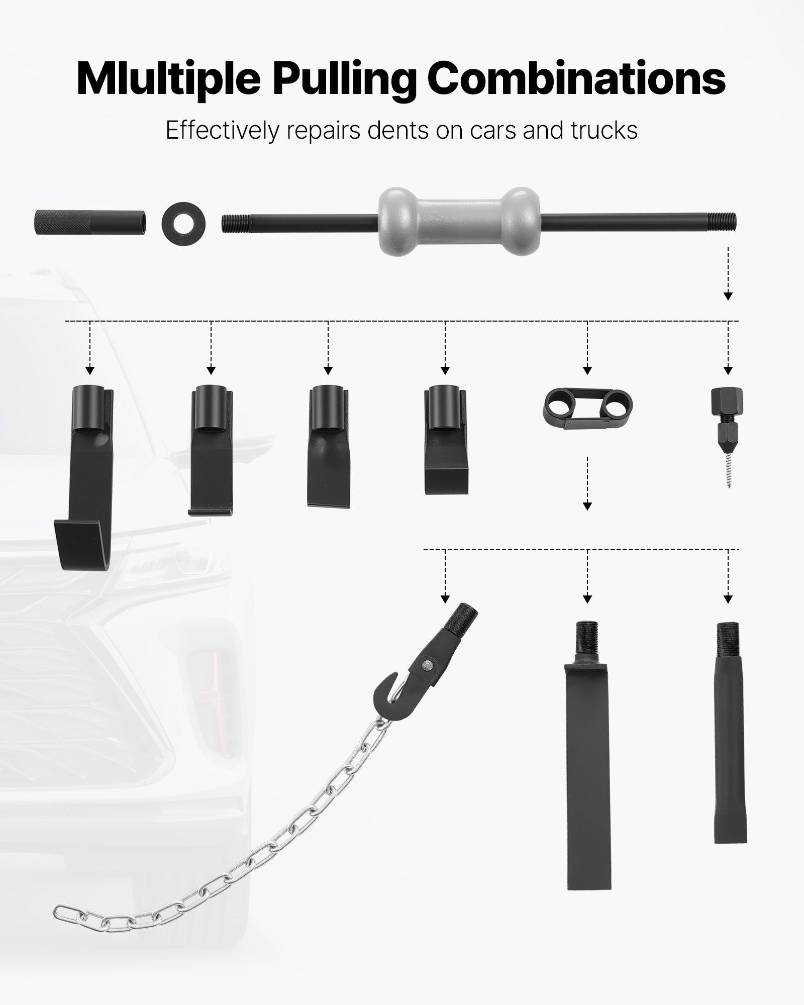 Dent Puller Kit, 4.54 kg 13-in-1 Slide Hammer Dent Removal Kit, Heavy-Duty Auto Body Truck Repair Automotive Damage Remover Tool Repair Frame with Carrying Case, Extension Rod, Non-Slip Handle - Image 3