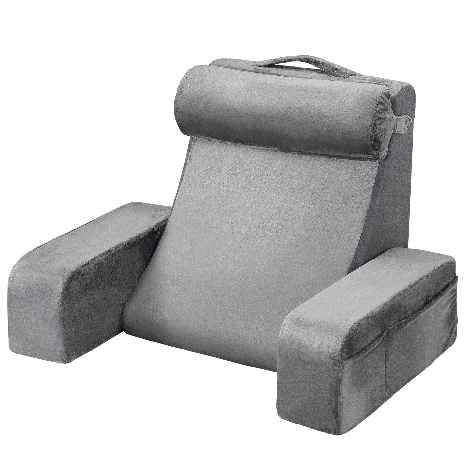 Reading Pillow, Backrest Support Pillow with Arm and 3 Pockets, Large Size Bed Pillow with Removable Headrest & 25D Sponge, Handle for Easy Carrying, for Reading, Gaming, Resting, Working, Grey - Image 1