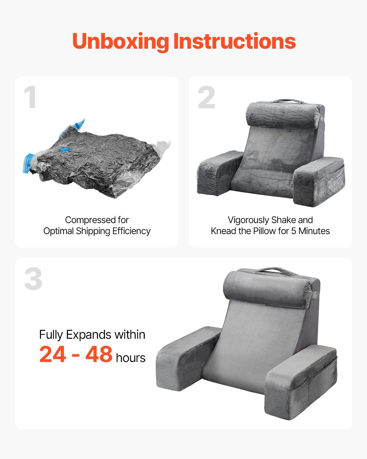 Reading Pillow, Backrest Support Pillow with Arm and 3 Pockets, Large Size Bed Pillow with Removable Headrest & 25D Sponge, Handle for Easy Carrying, for Reading, Gaming, Resting, Working, Grey - Image 2