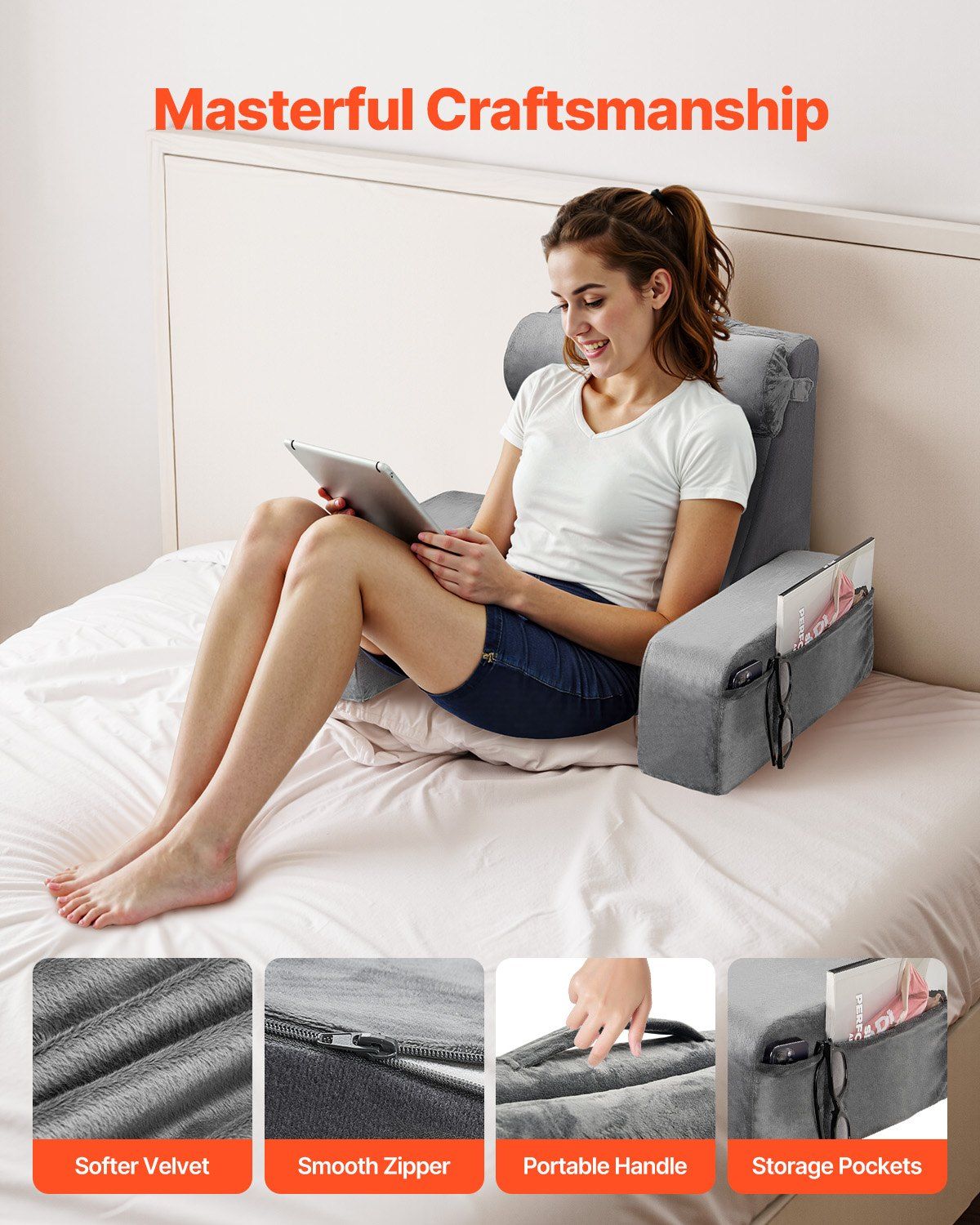 Reading Pillow, Backrest Support Pillow with Arm and 3 Pockets, Large Size Bed Pillow with Removable Headrest & 25D Sponge, Handle for Easy Carrying, for Reading, Gaming, Resting, Working, Grey - Image 3