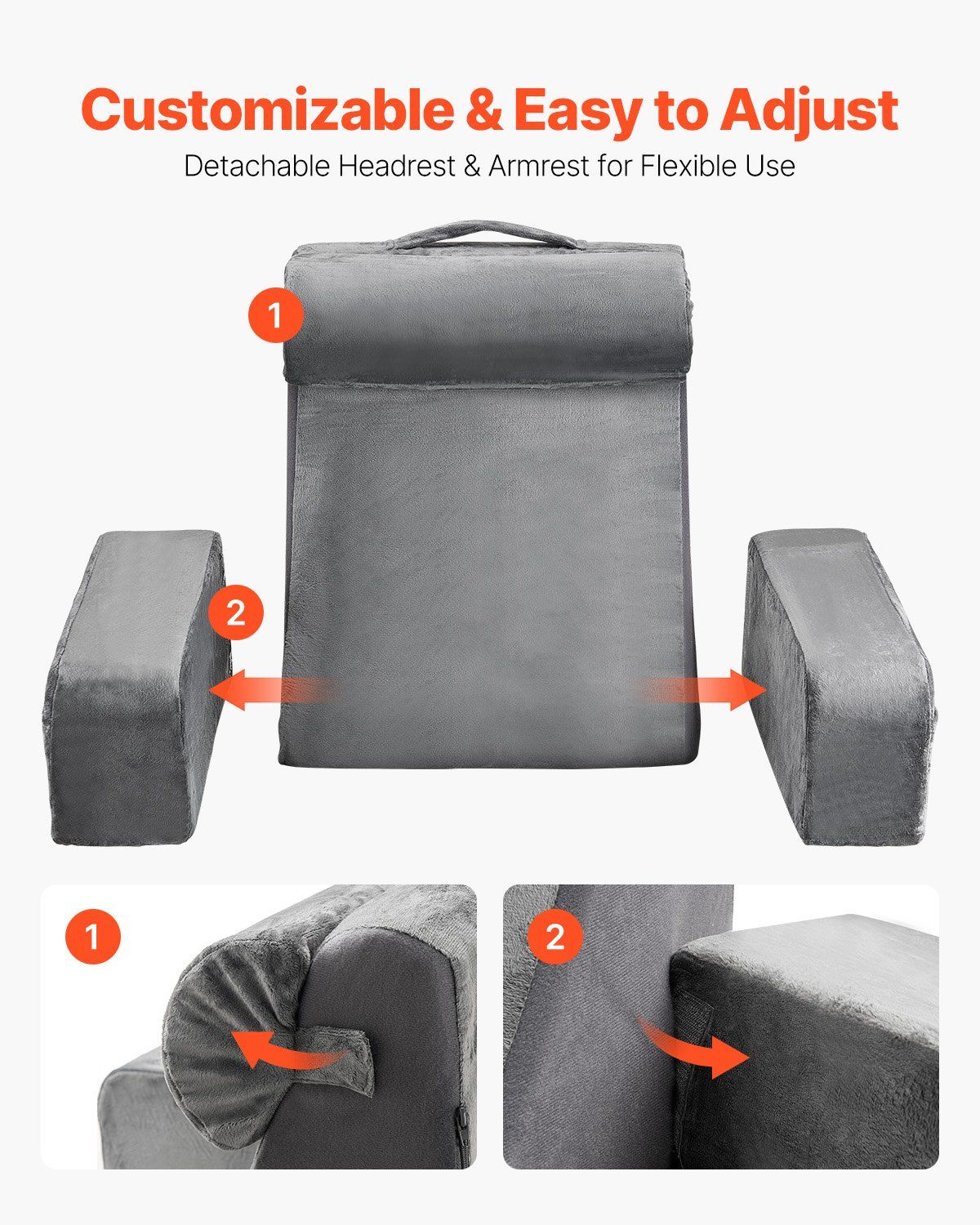 Reading Pillow, Backrest Support Pillow with Arm and 3 Pockets, Large Size Bed Pillow with Removable Headrest & 25D Sponge, Handle for Easy Carrying, for Reading, Gaming, Resting, Working, Grey - Image 4