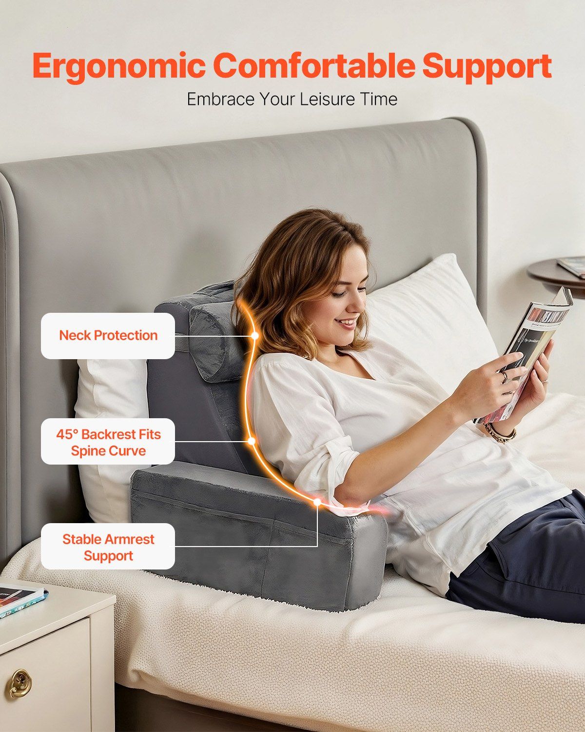 Reading Pillow, Backrest Support Pillow with Arm and 3 Pockets, Large Size Bed Pillow with Removable Headrest & 25D Sponge, Handle for Easy Carrying, for Reading, Gaming, Resting, Working, Grey - Image 5