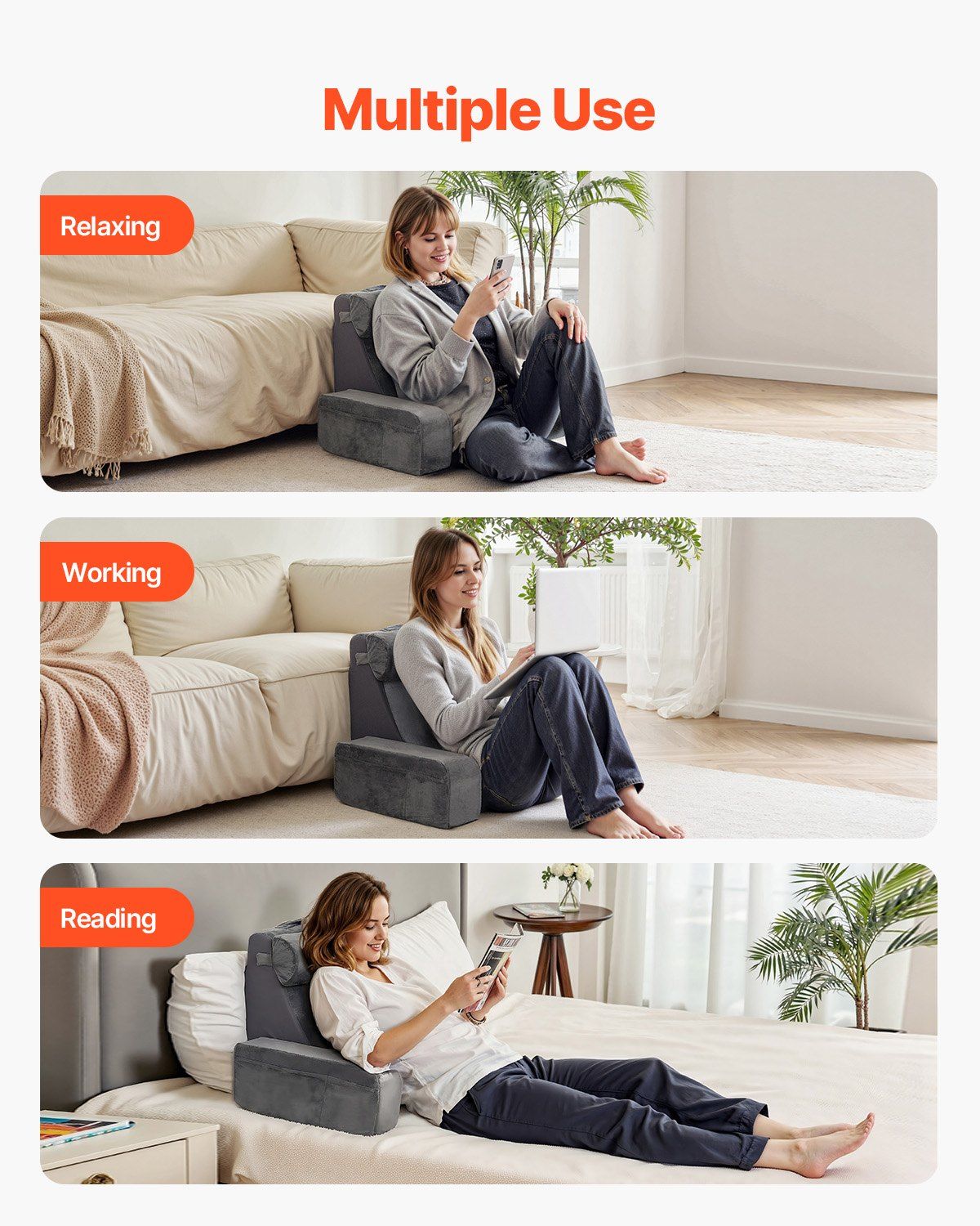 Reading Pillow, Backrest Support Pillow with Arm and 3 Pockets, Large Size Bed Pillow with Removable Headrest & 25D Sponge, Handle for Easy Carrying, for Reading, Gaming, Resting, Working, Grey - Image 6