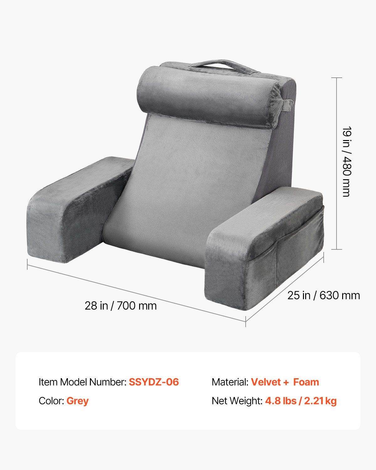 Reading Pillow, Backrest Support Pillow with Arm and 3 Pockets, Large Size Bed Pillow with Removable Headrest & 25D Sponge, Handle for Easy Carrying, for Reading, Gaming, Resting, Working, Grey - Image 7