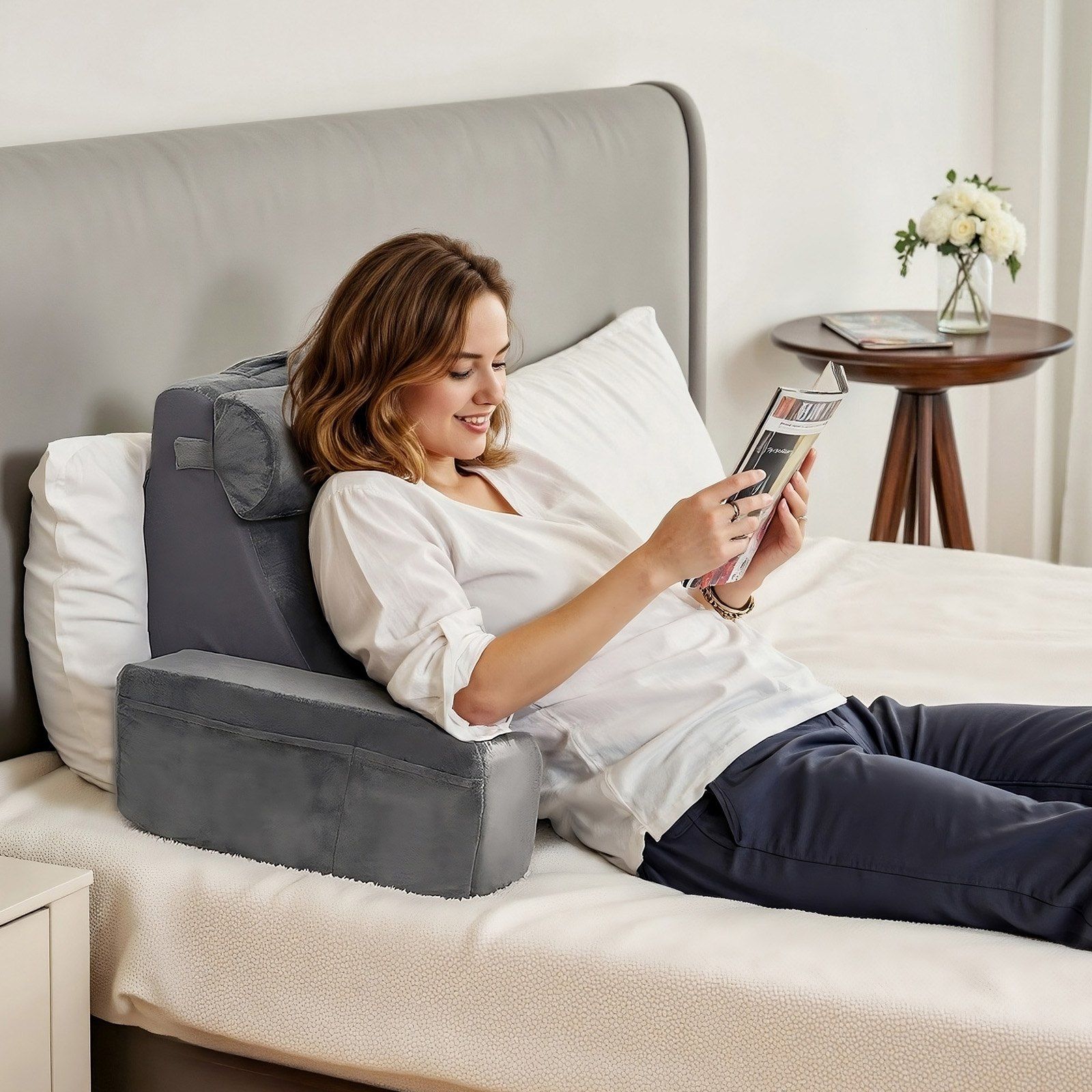 Reading Pillow, Backrest Support Pillow with Arm and 3 Pockets, Large Size Bed Pillow with Removable Headrest & 25D Sponge, Handle for Easy Carrying, for Reading, Gaming, Resting, Working, Grey - Image 8