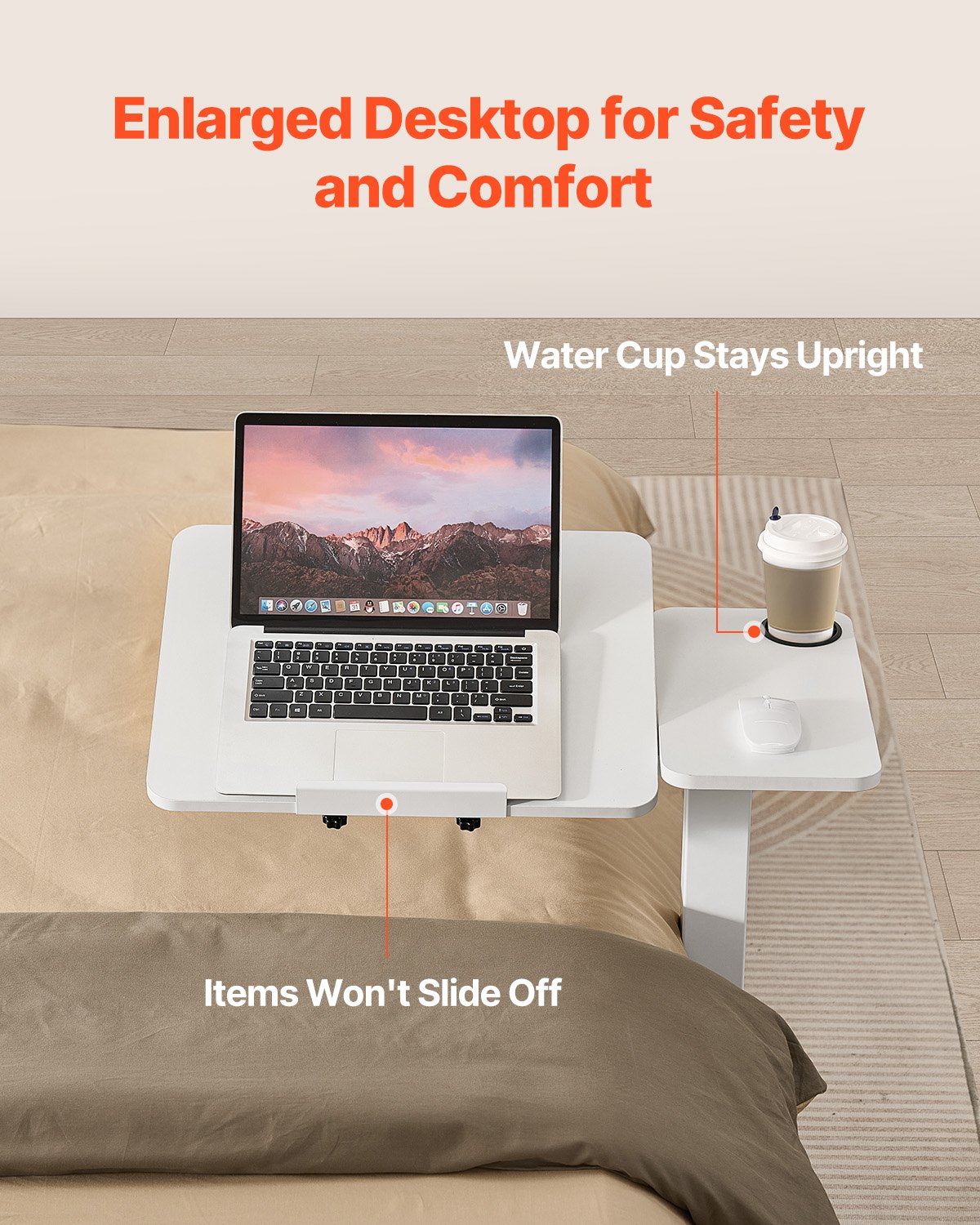 Overbed Table, Mobile Bed Side Table with Flip Desktop and 4 Hidden Wheels, Height & Angle Adjustable Rolling Laptop Desk with Cup Holder, Portable Over Bed Desk for Home, Office, Study, White - Image 4