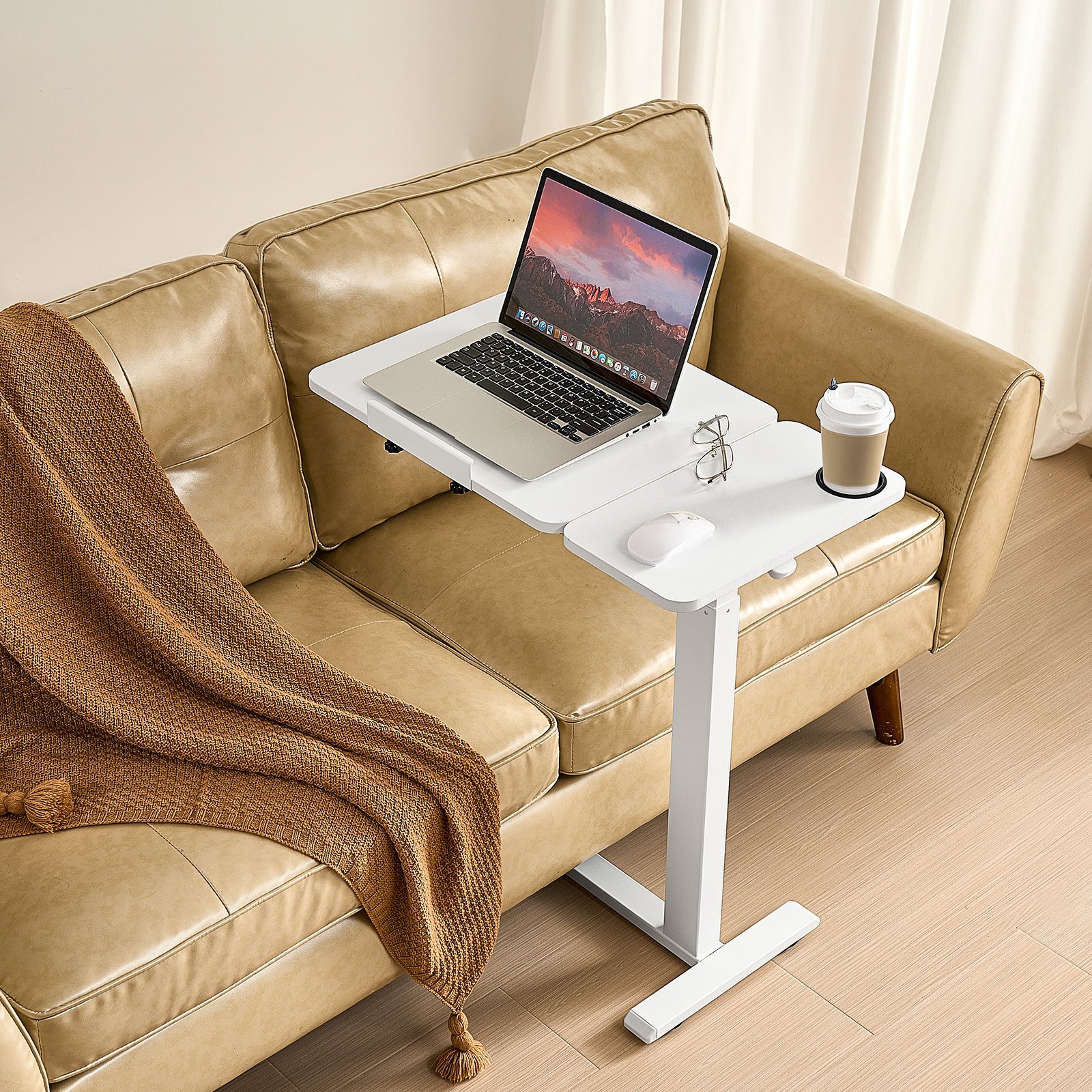 Overbed Table, Mobile Bed Side Table with Flip Desktop and 4 Hidden Wheels, Height & Angle Adjustable Rolling Laptop Desk with Cup Holder, Portable Over Bed Desk for Home, Office, Study, White - Image 8