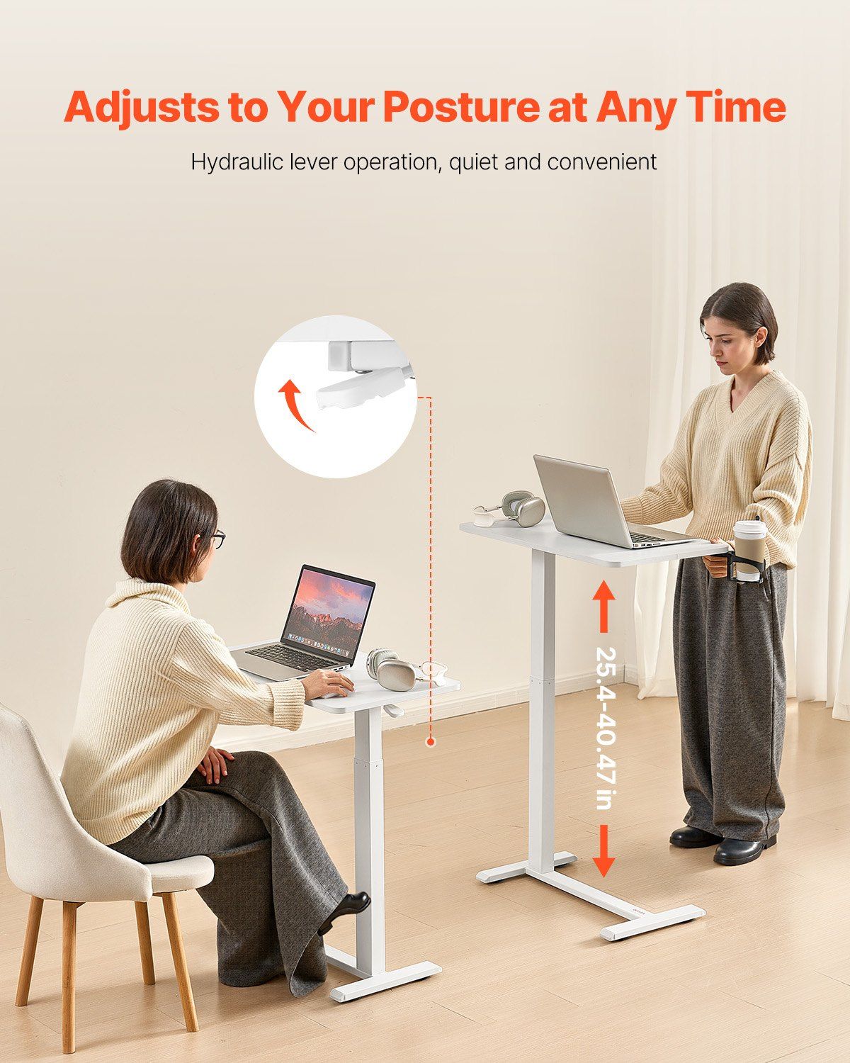 Overbed Table, Mobile Bed Side Table with 4 Hidden Wheels, Height Adjustable Rolling Laptop Desk with Cup Holder, Portable Particleboard Over Bed Desk for Home, Office, Study, White - Image 2