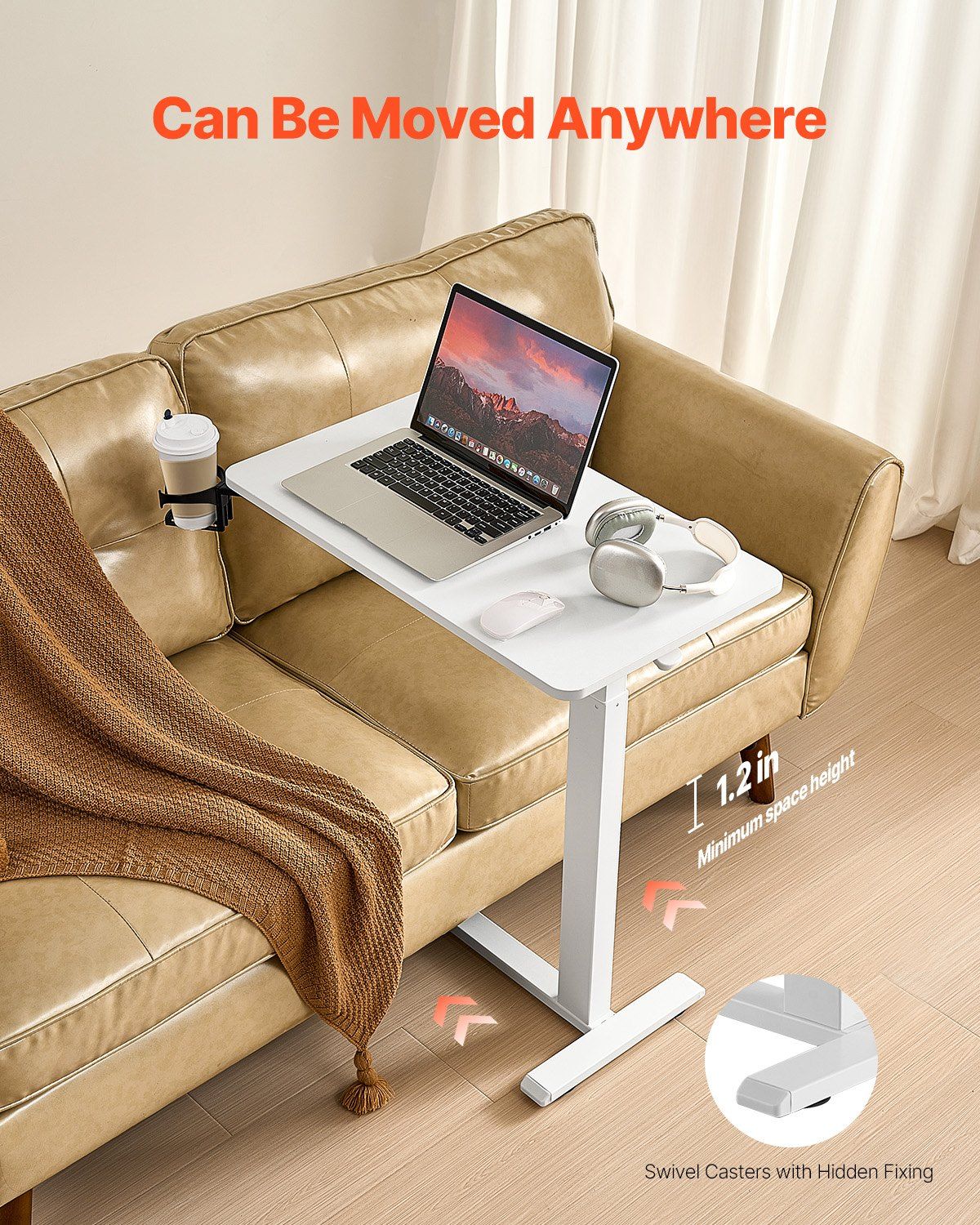 Overbed Table, Mobile Bed Side Table with 4 Hidden Wheels, Height Adjustable Rolling Laptop Desk with Cup Holder, Portable Particleboard Over Bed Desk for Home, Office, Study, White - Image 5