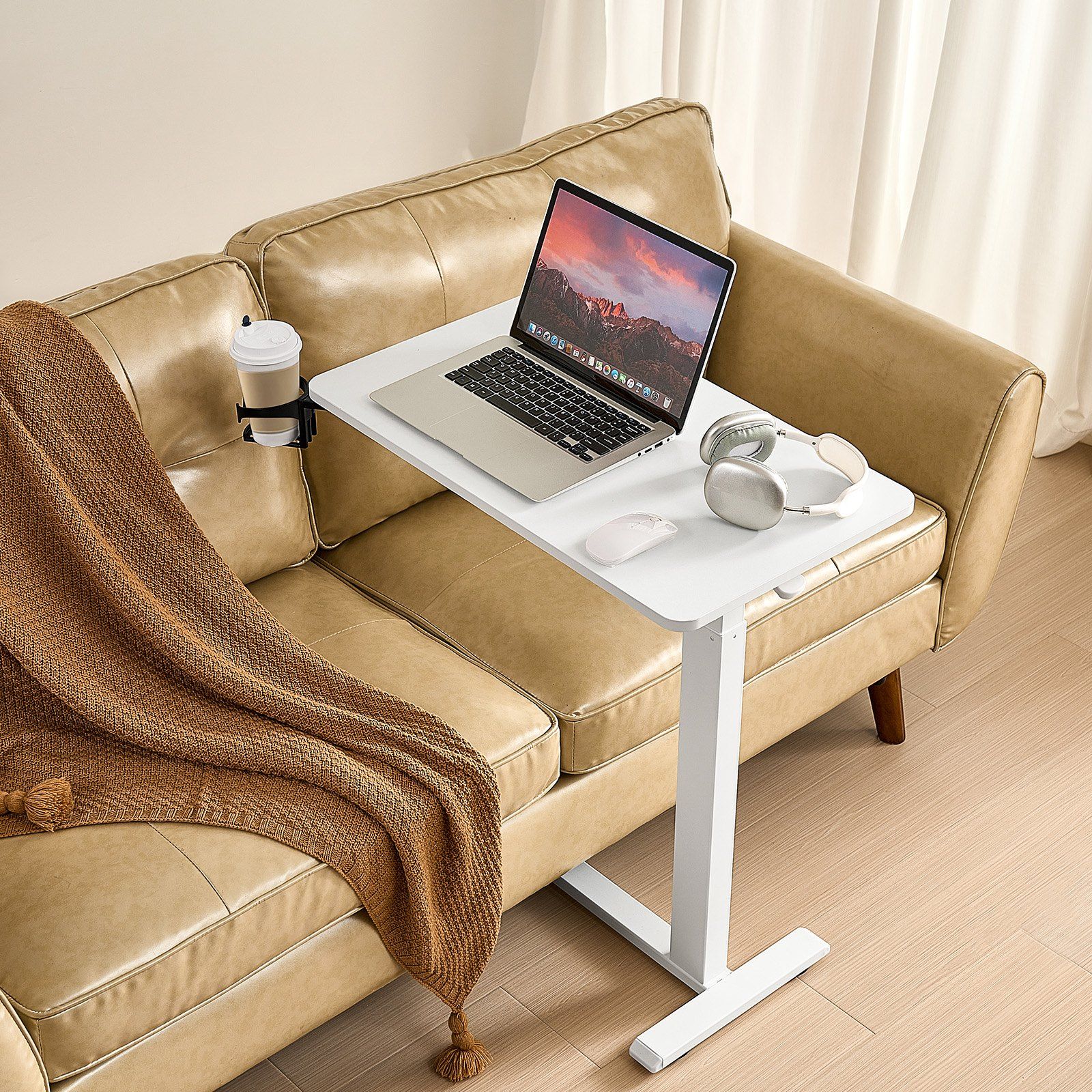Overbed Table, Mobile Bed Side Table with 4 Hidden Wheels, Height Adjustable Rolling Laptop Desk with Cup Holder, Portable Particleboard Over Bed Desk for Home, Office, Study, White - Image 8
