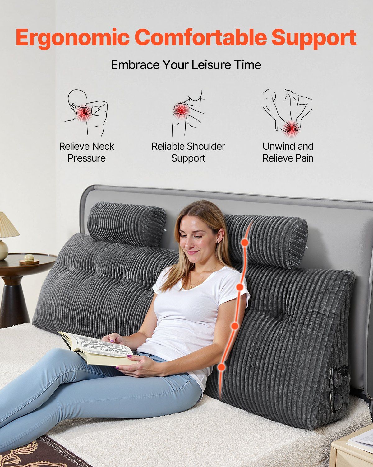 Headboard Pillow, King Size Wedge Headboard Pillow with 2 Side Pockets and 2 Headrests, Bed Wedge Pillow with Washable Flannel Cloth, for Reading, Gaming, Resting, Working in Bed, Grey - Image 4