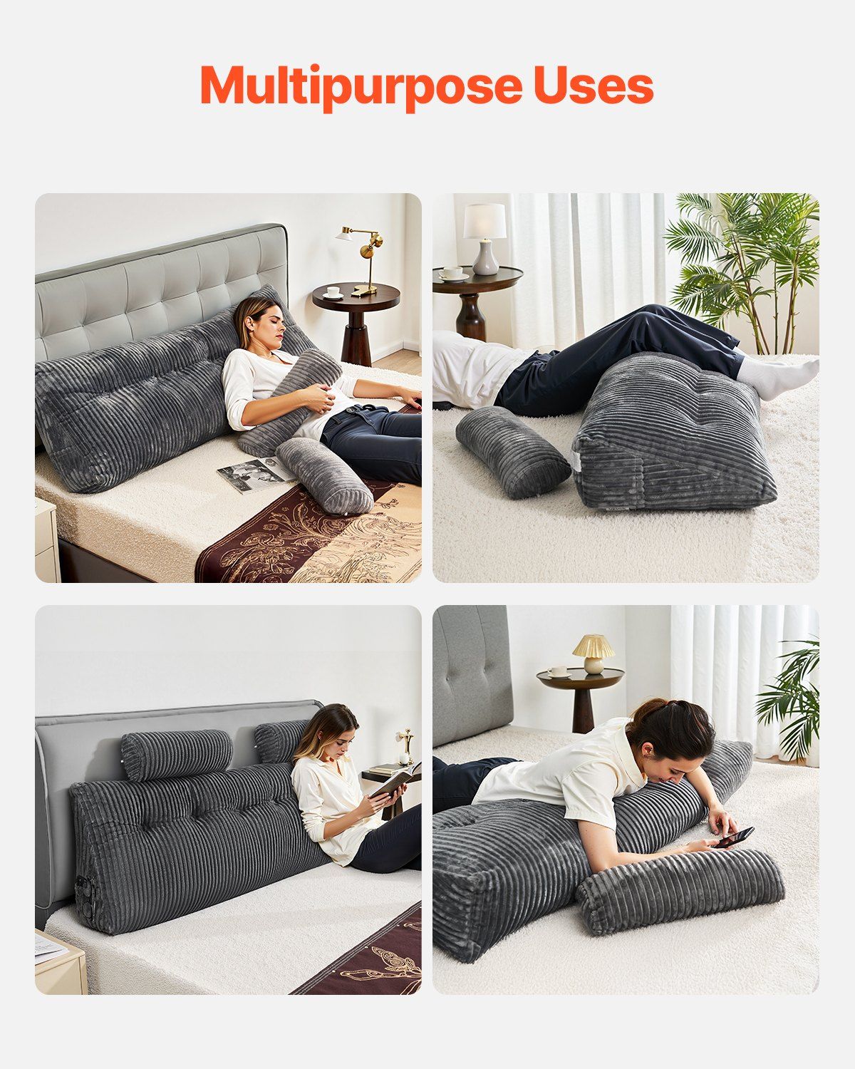 Headboard Pillow, King Size Wedge Headboard Pillow with 2 Side Pockets and 2 Headrests, Bed Wedge Pillow with Washable Flannel Cloth, for Reading, Gaming, Resting, Working in Bed, Grey - Image 6