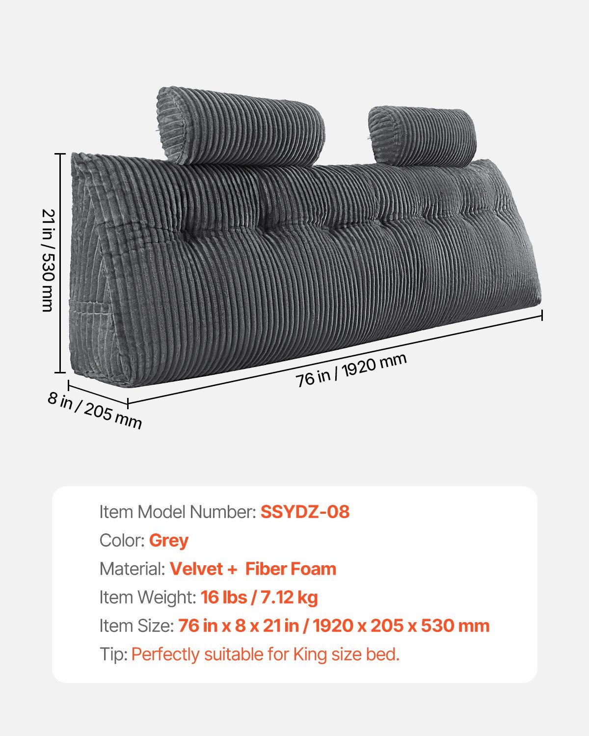 Headboard Pillow, King Size Wedge Headboard Pillow with 2 Side Pockets and 2 Headrests, Bed Wedge Pillow with Washable Flannel Cloth, for Reading, Gaming, Resting, Working in Bed, Grey - Image 7