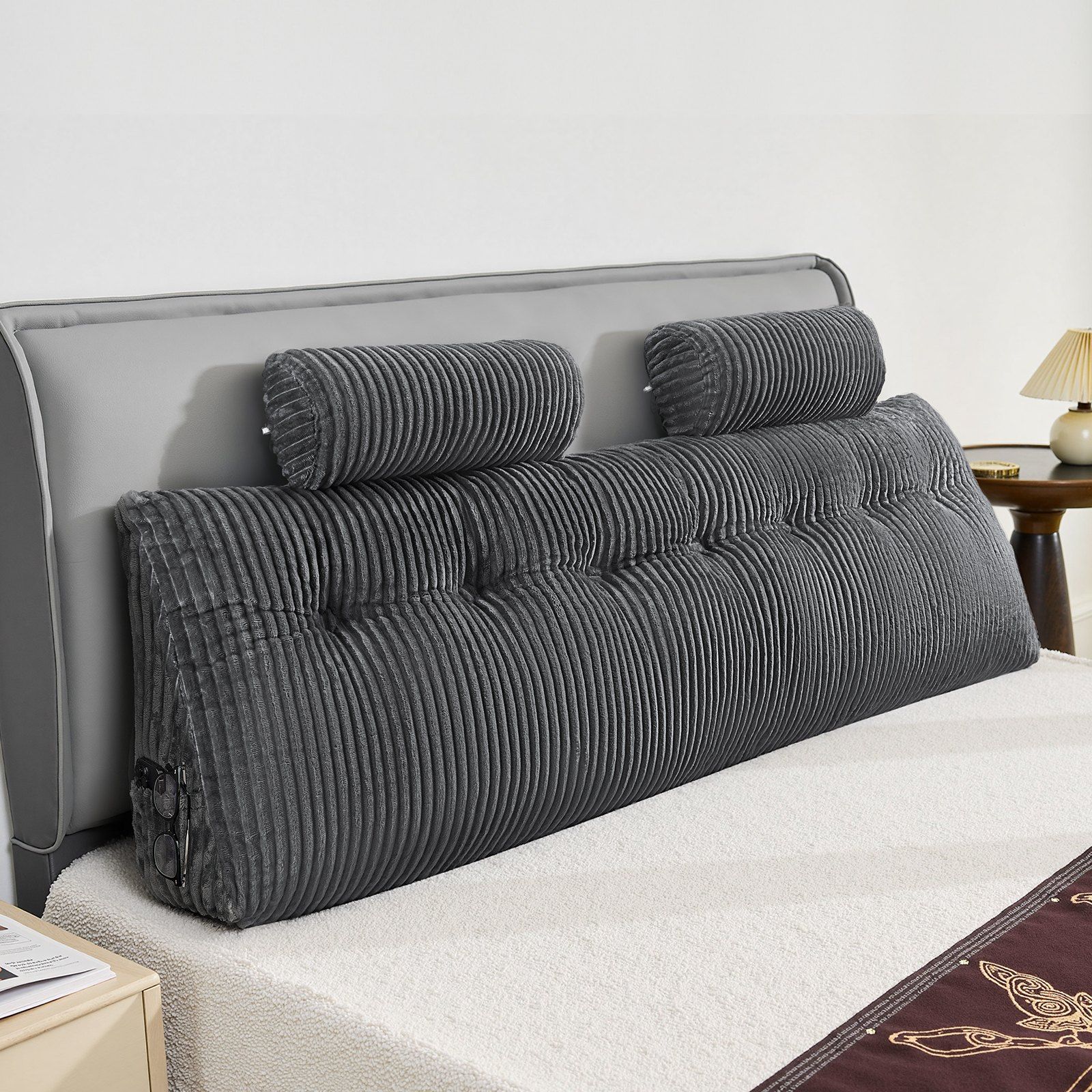 Headboard Pillow, King Size Wedge Headboard Pillow with 2 Side Pockets and 2 Headrests, Bed Wedge Pillow with Washable Flannel Cloth, for Reading, Gaming, Resting, Working in Bed, Grey - Image 8