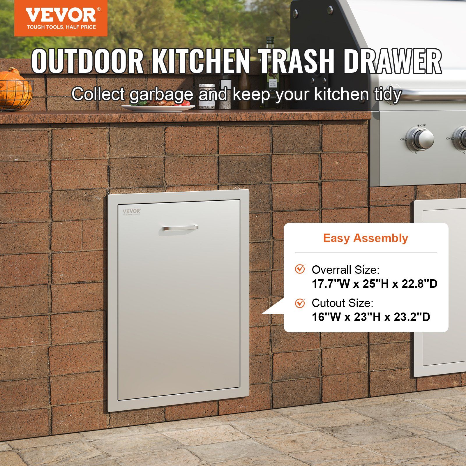 Pull Out Trash Drawer 50x58x57.4 cm Raised Style Trash Bin with Pull-Out Tray Stainless Steel Trash Drawer with Handle for Outdoor Kitchen BBQ Island, Trash Can Not Included - Image 2
