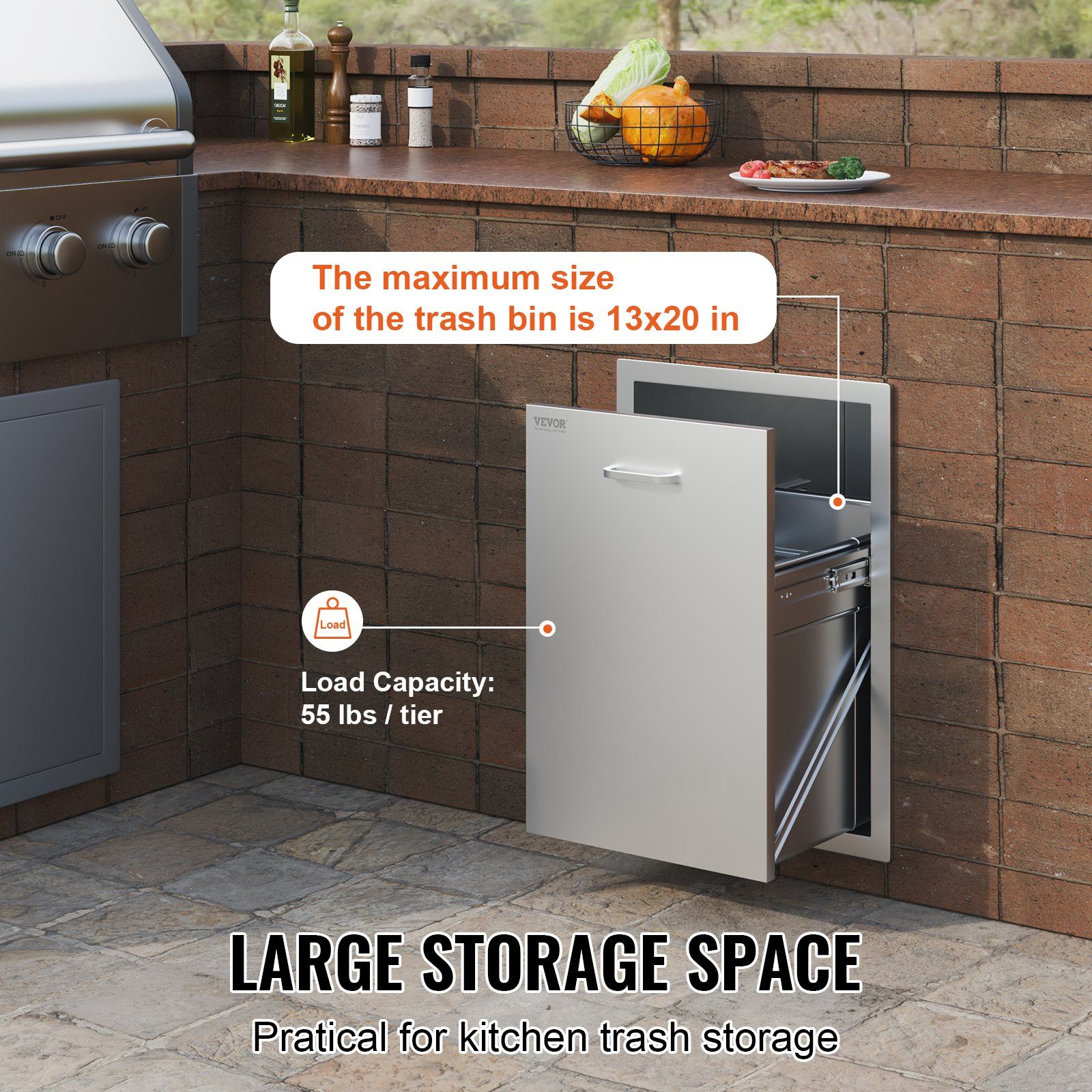 Pull Out Trash Drawer 50x58x57.4 cm Raised Style Trash Bin with Pull-Out Tray Stainless Steel Trash Drawer with Handle for Outdoor Kitchen BBQ Island, Trash Can Not Included - Image 3