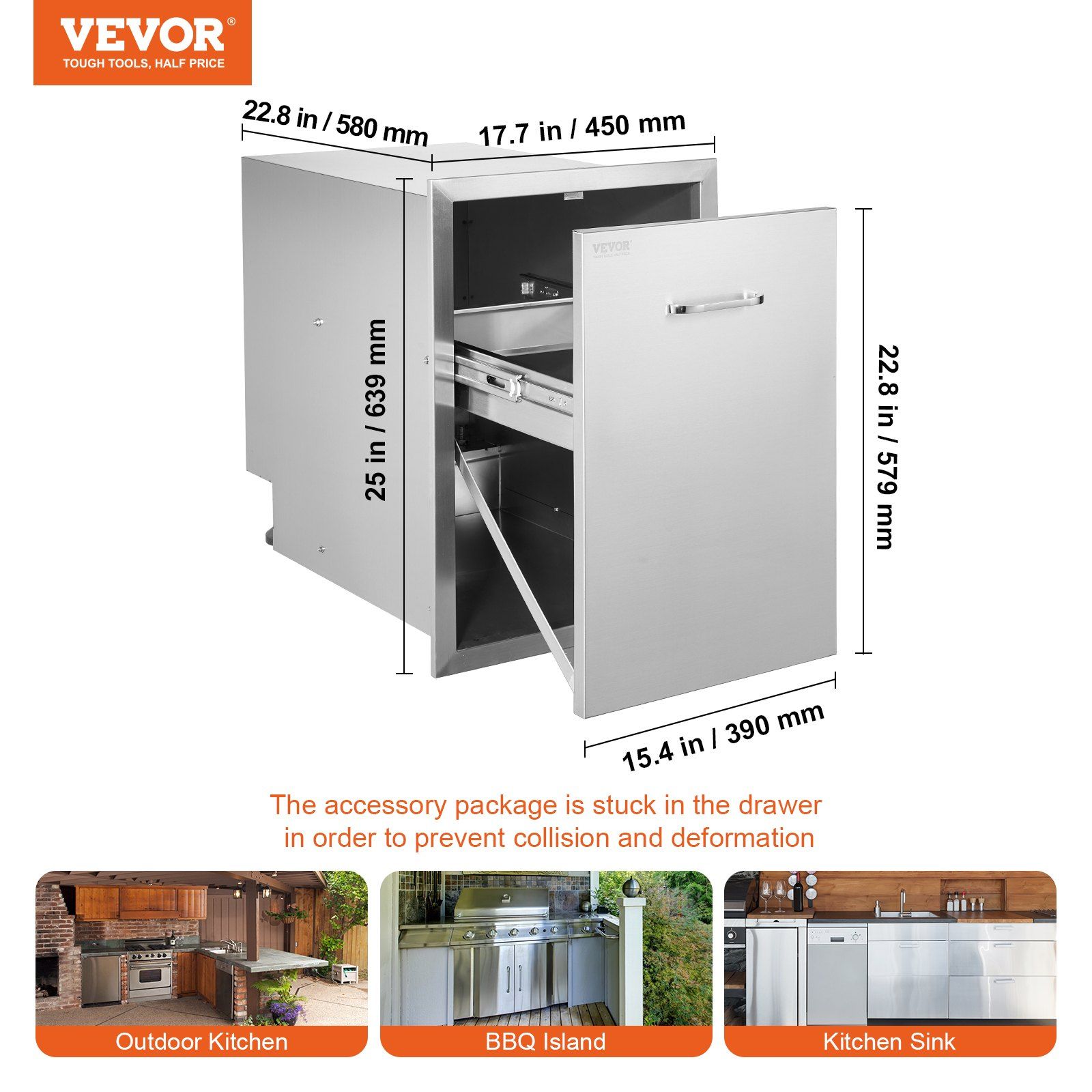 Pull Out Trash Drawer 50x58x57.4 cm Raised Style Trash Bin with Pull-Out Tray Stainless Steel Trash Drawer with Handle for Outdoor Kitchen BBQ Island, Trash Can Not Included - Image 7