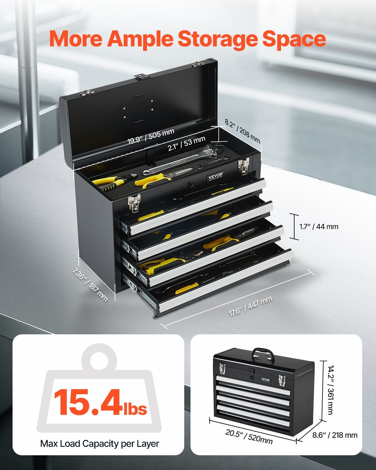 Metal Tool Box, 20.5-inch, Portable Metal Tool Box with 4 Drawers, Small Tool Chest with EVA Liners, Ball Bearing Slide Drawers Locking & Powder Coated Finish, Multi-Function Tool Organizer - Image 2