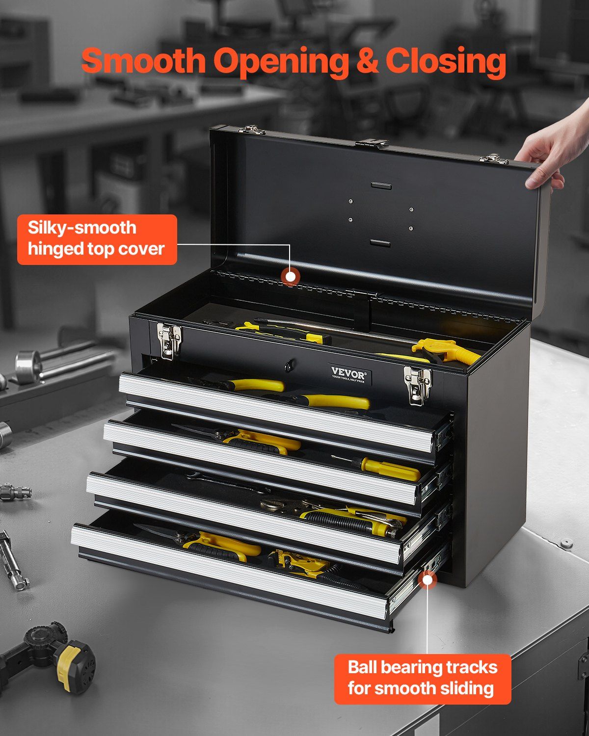 Metal Tool Box, 20.5-inch, Portable Metal Tool Box with 4 Drawers, Small Tool Chest with EVA Liners, Ball Bearing Slide Drawers Locking & Powder Coated Finish, Multi-Function Tool Organizer - Image 4