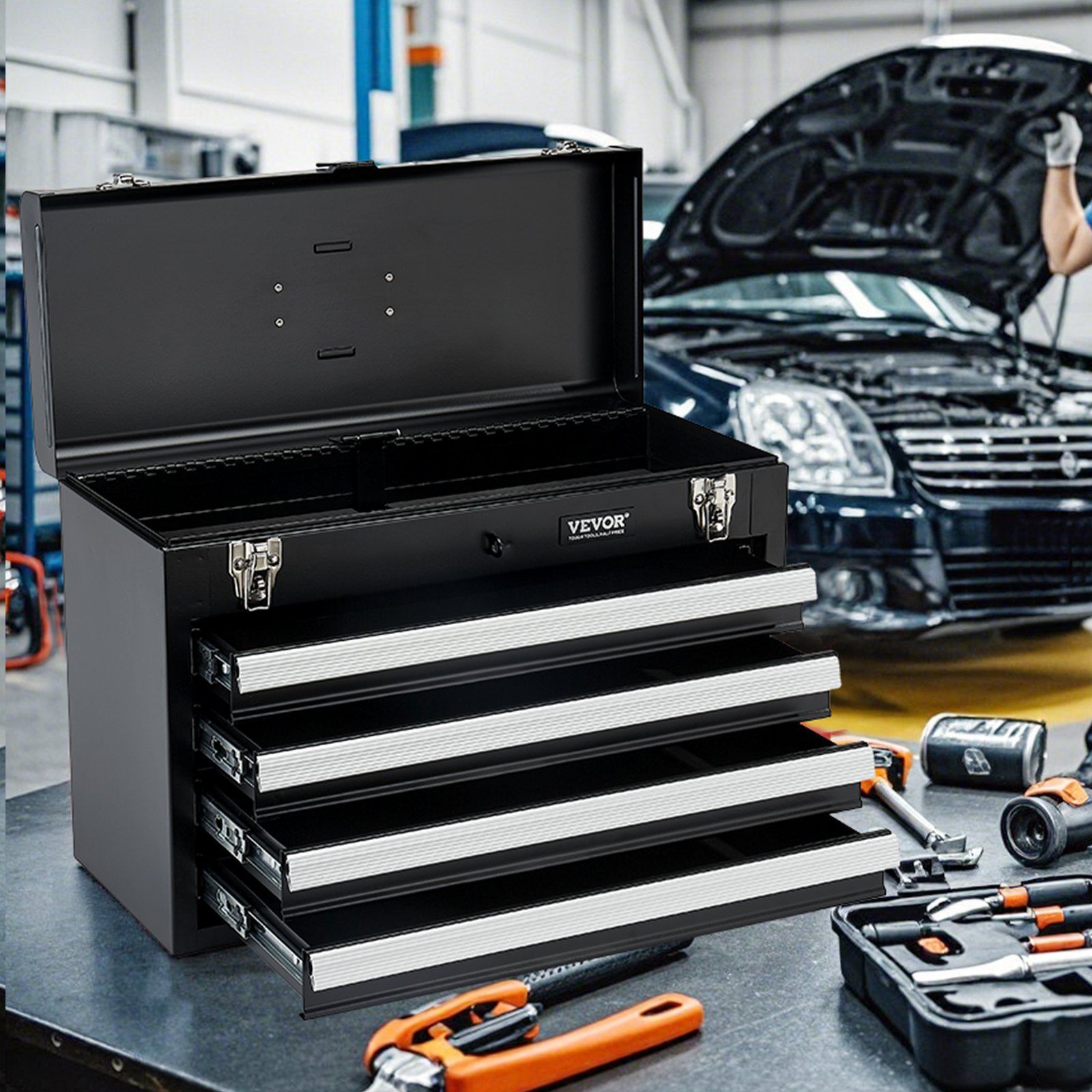 Metal Tool Box, 20.5-inch, Portable Metal Tool Box with 4 Drawers, Small Tool Chest with EVA Liners, Ball Bearing Slide Drawers Locking & Powder Coated Finish, Multi-Function Tool Organizer - Image 8