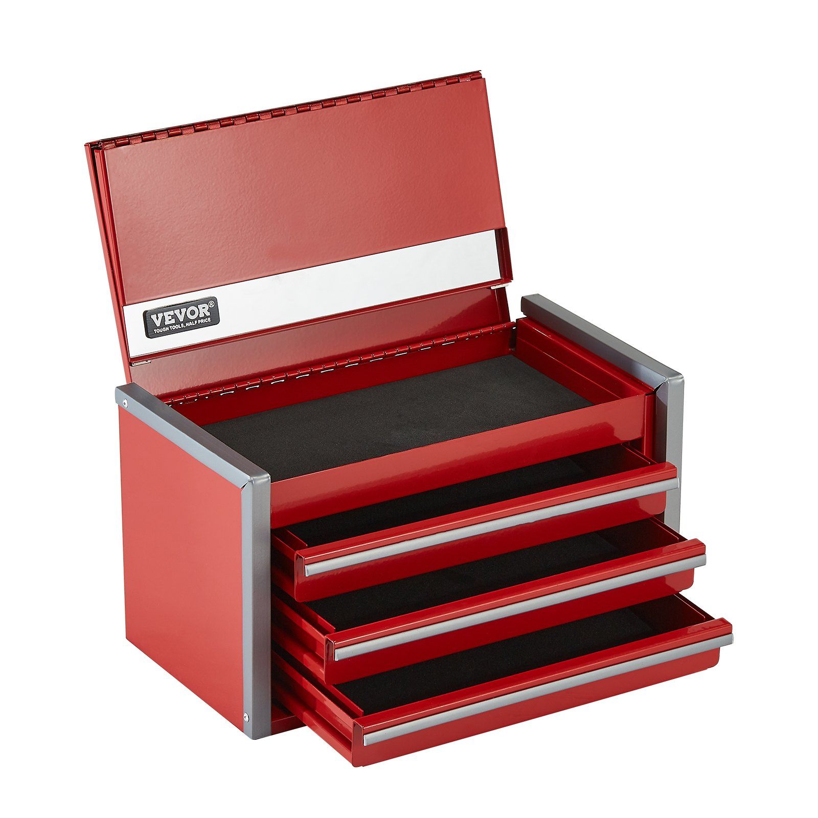 Metal Tool Box, 8.6-inch, Portable Metal Tool Box with 3 Drawers, Small Tool Chest with EVA Liners and PP Feet Pads, Heavy-Duty Steel With Ball Bearing Opening and Powder Coated Finish, Red - Image 1