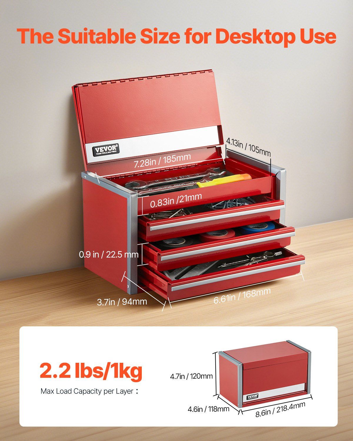 Metal Tool Box, 8.6-inch, Portable Metal Tool Box with 3 Drawers, Small Tool Chest with EVA Liners and PP Feet Pads, Heavy-Duty Steel With Ball Bearing Opening and Powder Coated Finish, Red - Image 2