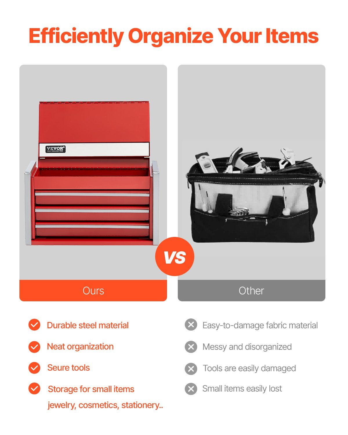 Metal Tool Box, 8.6-inch, Portable Metal Tool Box with 3 Drawers, Small Tool Chest with EVA Liners and PP Feet Pads, Heavy-Duty Steel With Ball Bearing Opening and Powder Coated Finish, Red - Image 3