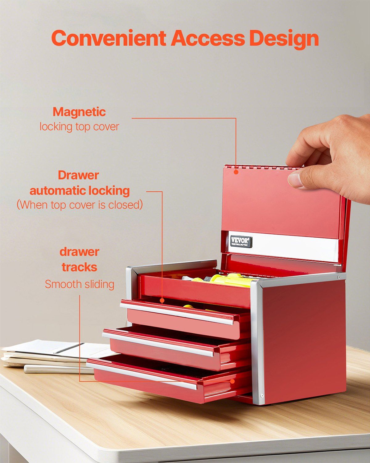 Metal Tool Box, 8.6-inch, Portable Metal Tool Box with 3 Drawers, Small Tool Chest with EVA Liners and PP Feet Pads, Heavy-Duty Steel With Ball Bearing Opening and Powder Coated Finish, Red - Image 4