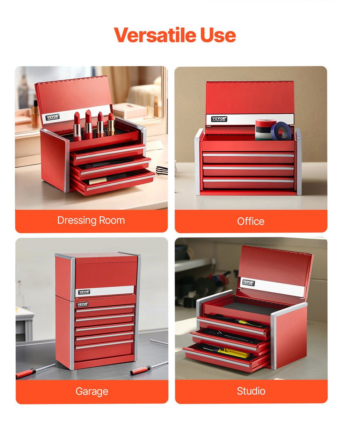 Metal Tool Box, 8.6-inch, Portable Metal Tool Box with 3 Drawers, Small Tool Chest with EVA Liners and PP Feet Pads, Heavy-Duty Steel With Ball Bearing Opening and Powder Coated Finish, Red - Image 5