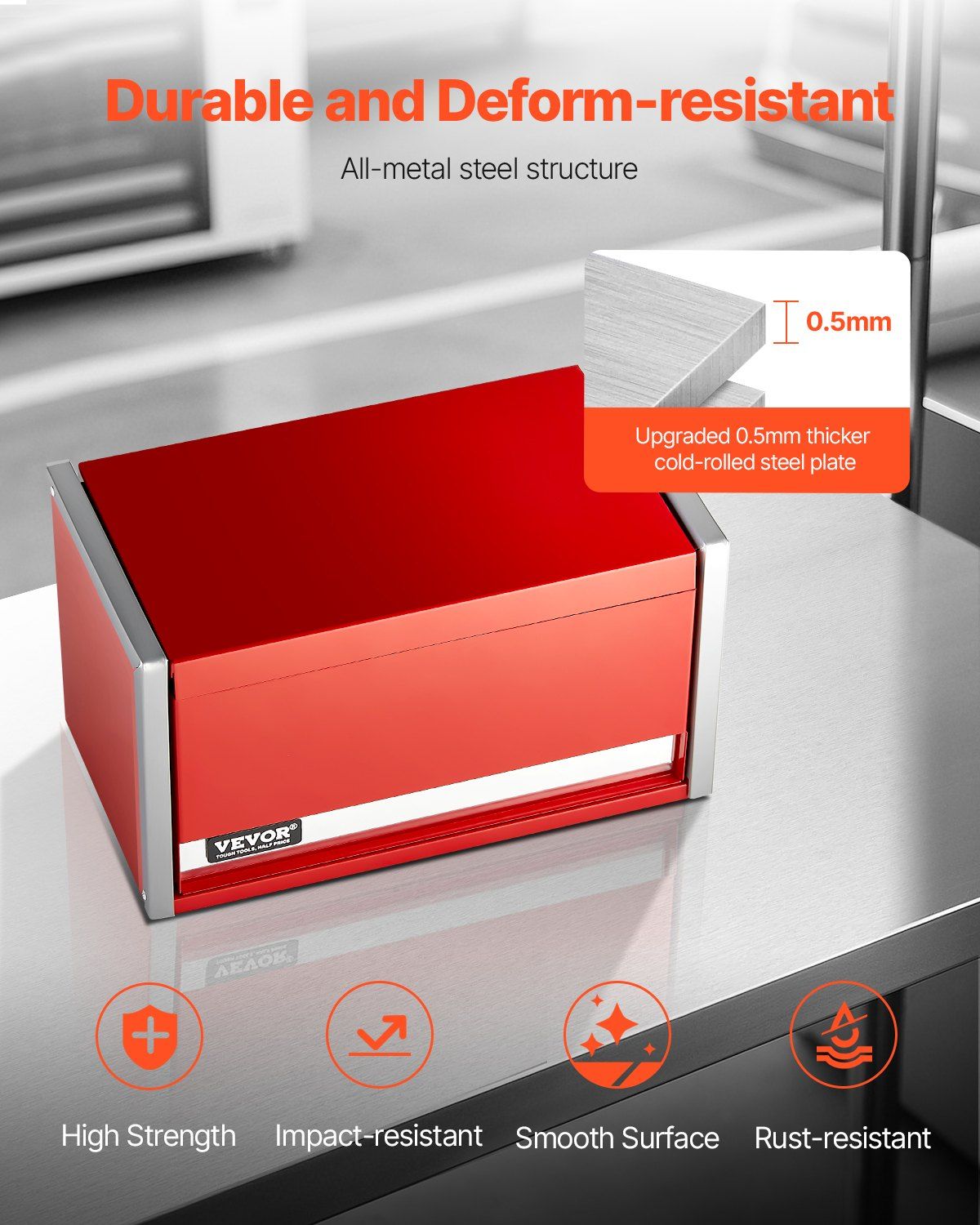 Metal Tool Box, 8.6-inch, Portable Metal Tool Box with 3 Drawers, Small Tool Chest with EVA Liners and PP Feet Pads, Heavy-Duty Steel With Ball Bearing Opening and Powder Coated Finish, Red - Image 6