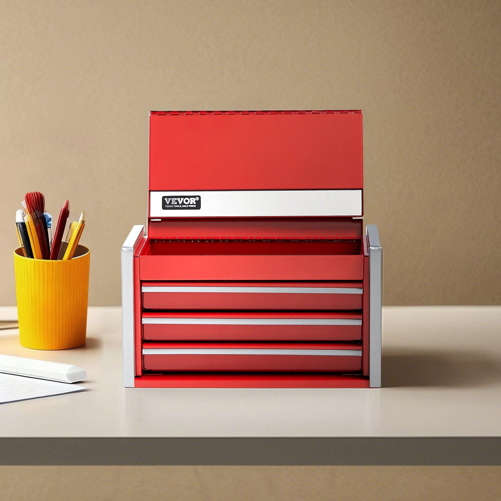 Metal Tool Box, 8.6-inch, Portable Metal Tool Box with 3 Drawers, Small Tool Chest with EVA Liners and PP Feet Pads, Heavy-Duty Steel With Ball Bearing Opening and Powder Coated Finish, Red - Image 8